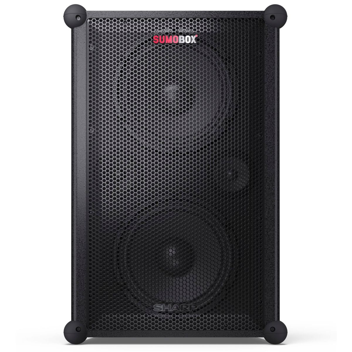 Altoparlante nero SUMOBOX SHARP con frontale a rete e angoli arrotondati.