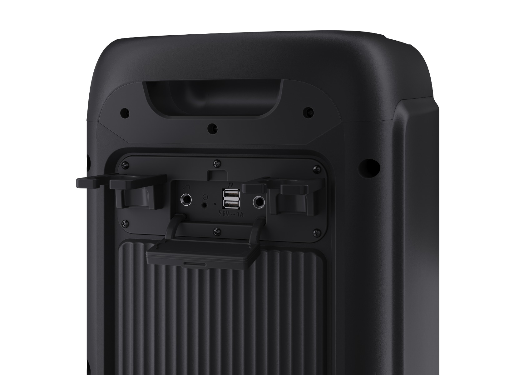 Czarny panel tylny głośnika z portami, w tym USB, audio i zasilaniem. Widoczna jest czarna, teksturowana powierzchnia.