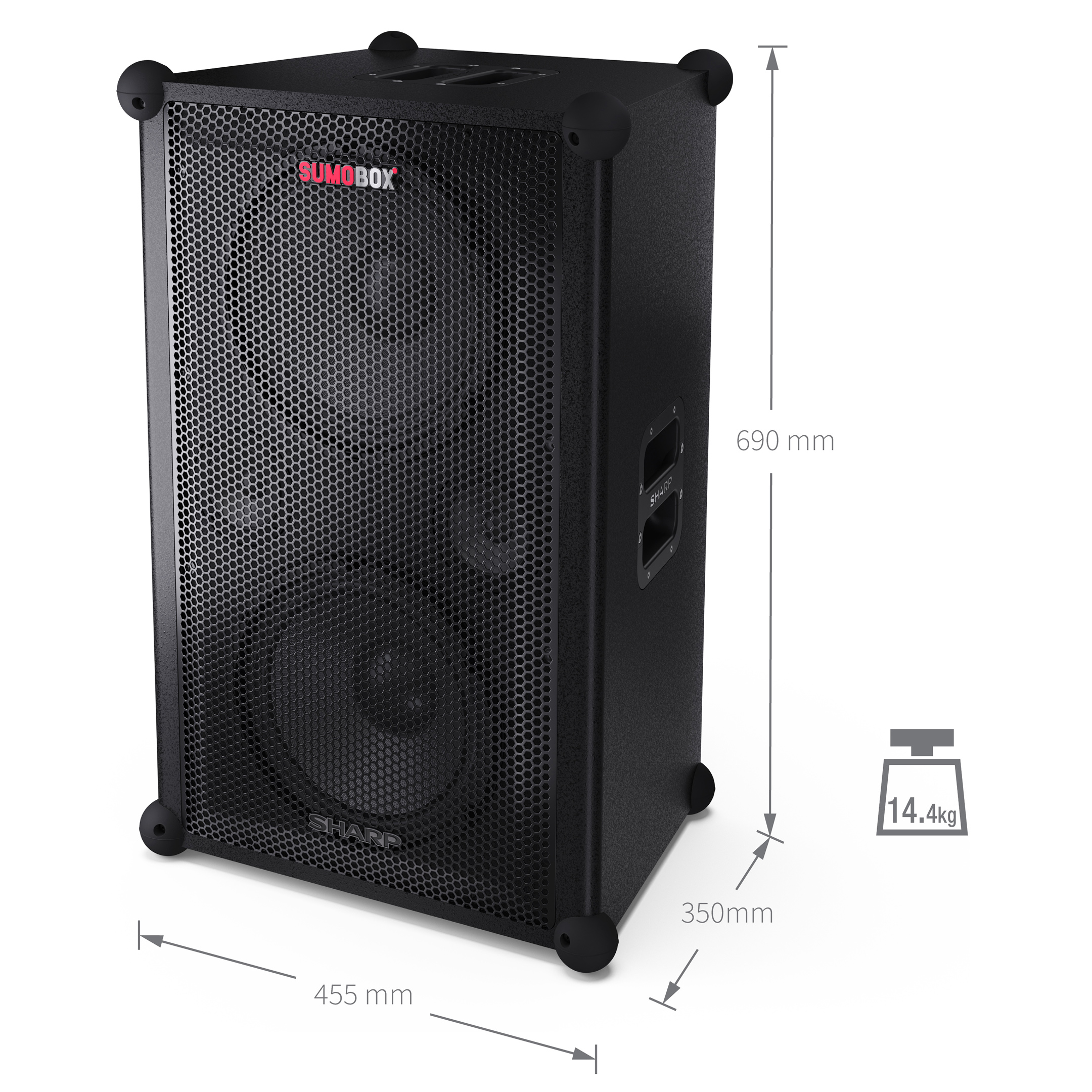 Black speaker with metal mesh front. Dimensions are 455x350x690mm. The weight is 14.4kg.