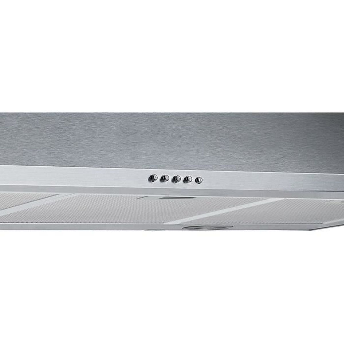 A close-up of a stainless steel range hood with four control buttons.