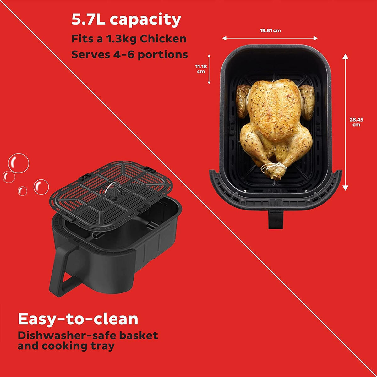An air fryer with a roasted chicken inside and a basket.