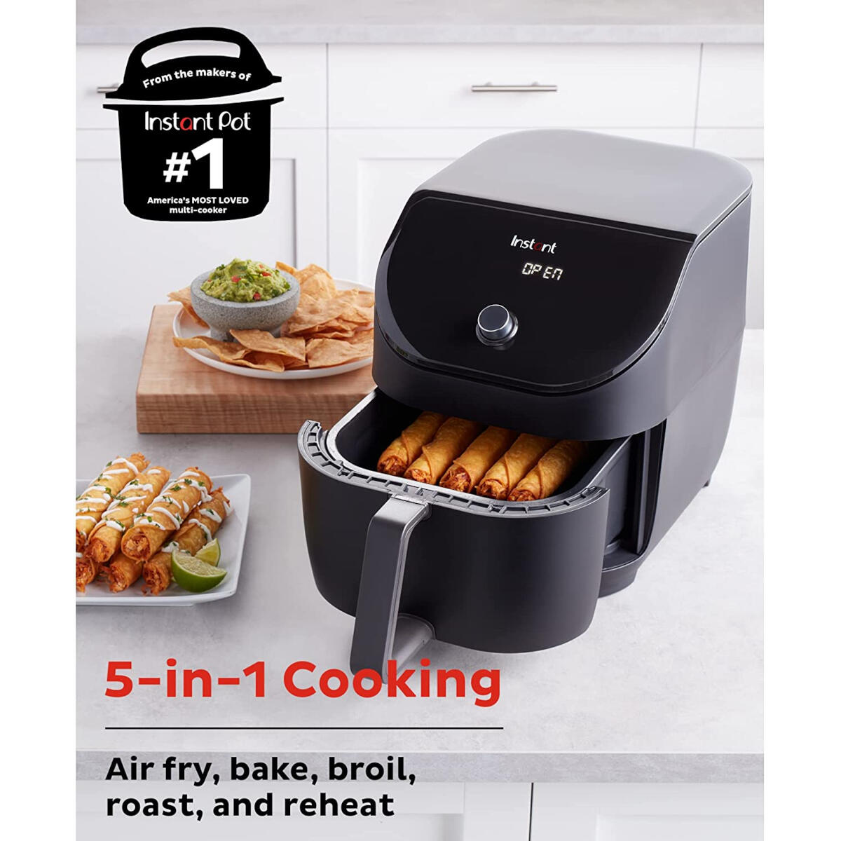 An air fryer with food and text reading '5-in-1 Cooking', and 'Air fry, bake, broil, roast, and reheat'.