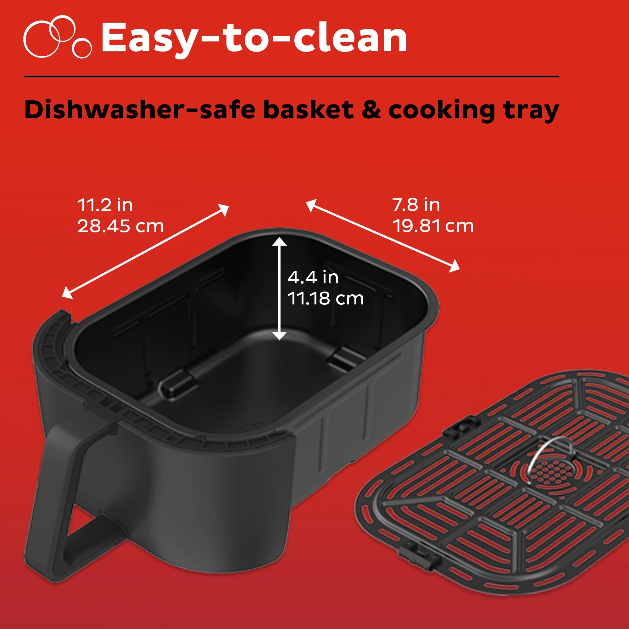 Black air fryer basket and cooking tray, with dimensions and arrows.