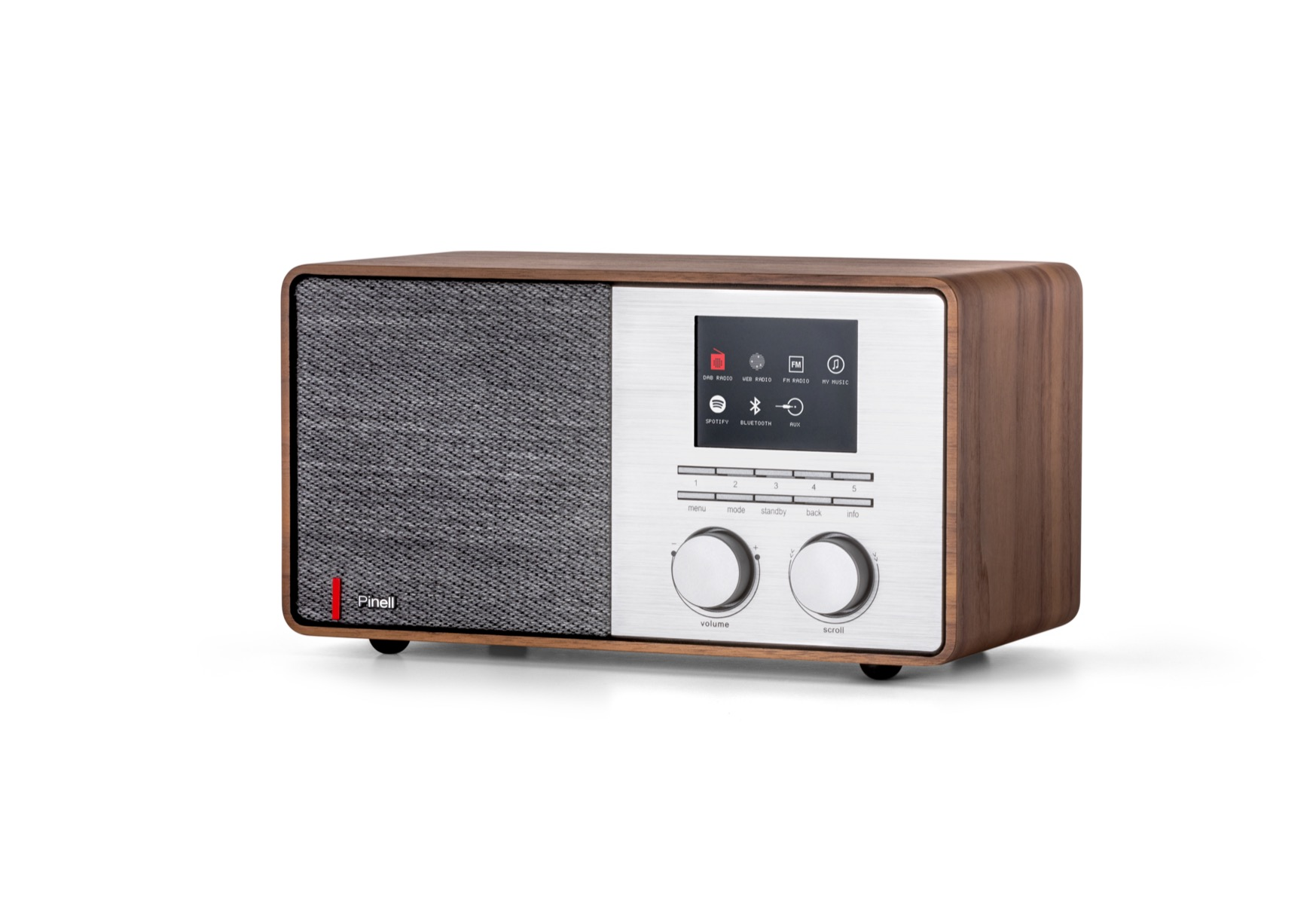 Une radio en bois avec un écran, des boutons et des boutons. Elle est sur une surface blanche.