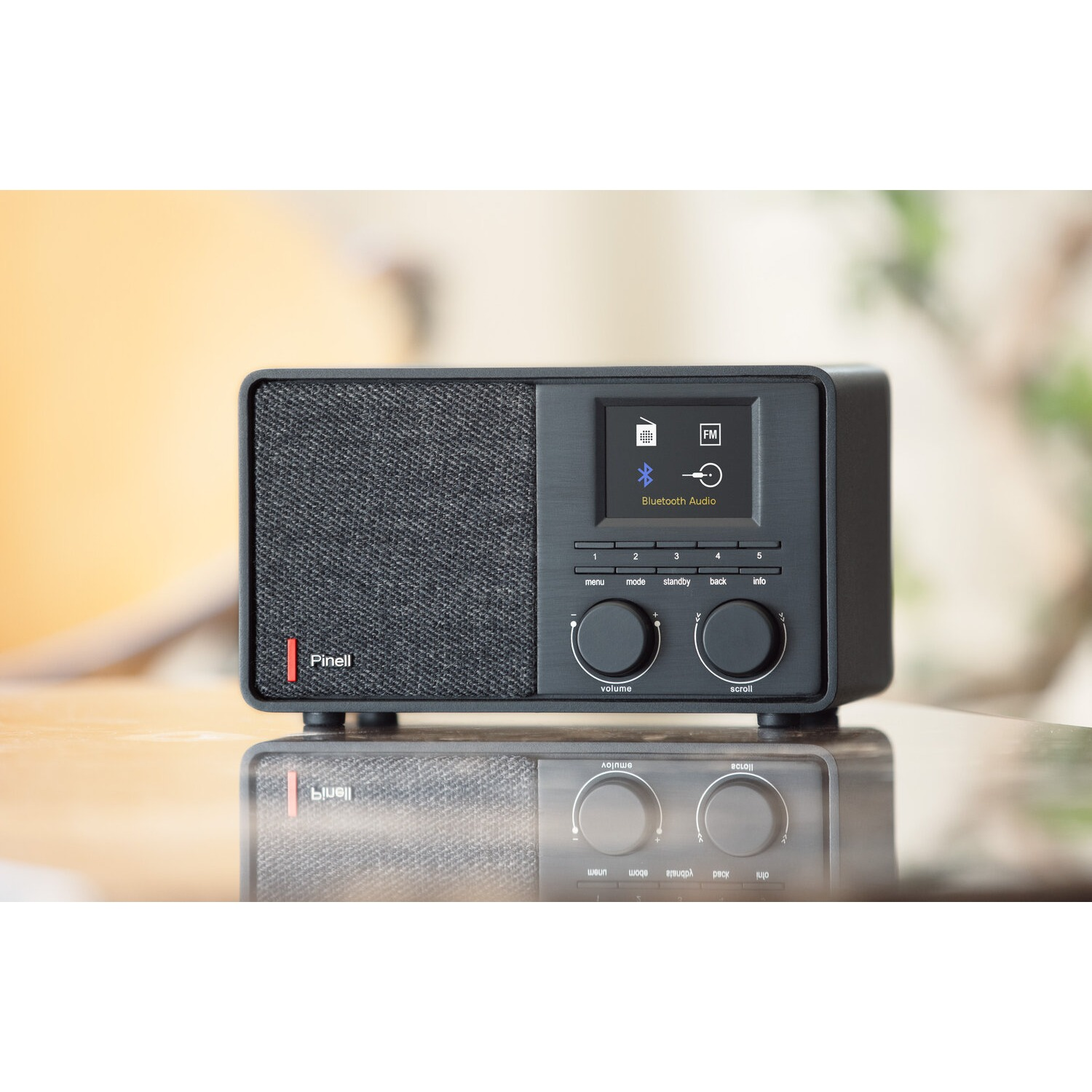Black radio with screen and two knobs. Reflected on a surface. Blurred background.