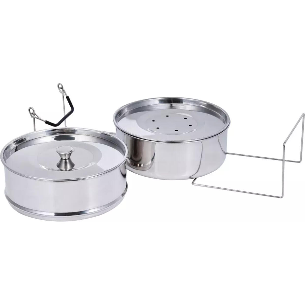 Two stainless steel steamer pots with handles and a lid. They are on a white surface.