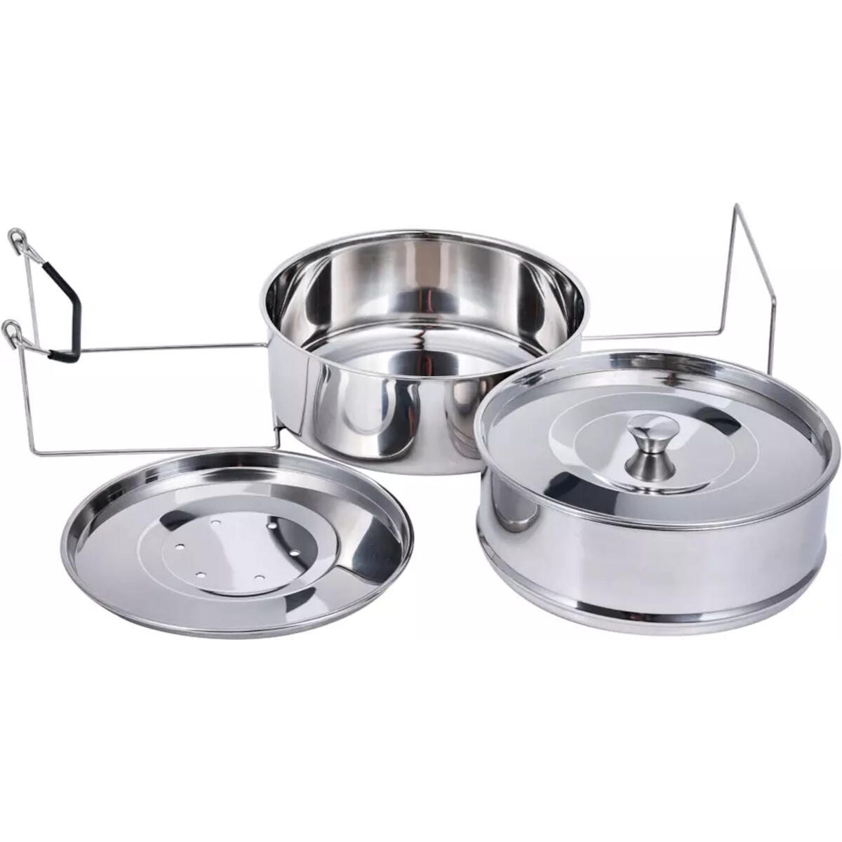 Stainless steel steamer set with multiple components. Includes a lid, a base and a tray.