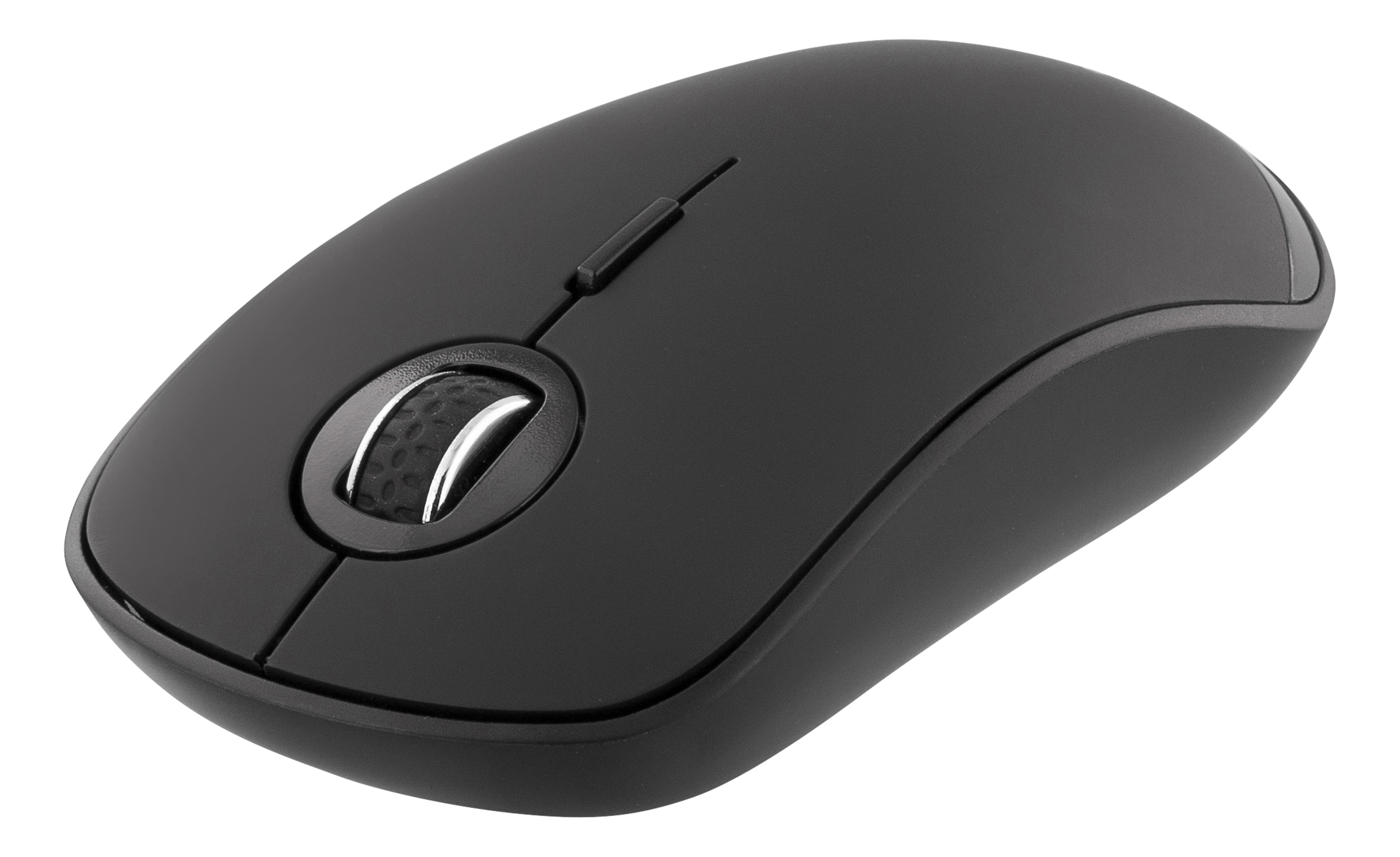 Souris sans fil noire avec une molette et deux boutons. La souris est sur une surface blanche.