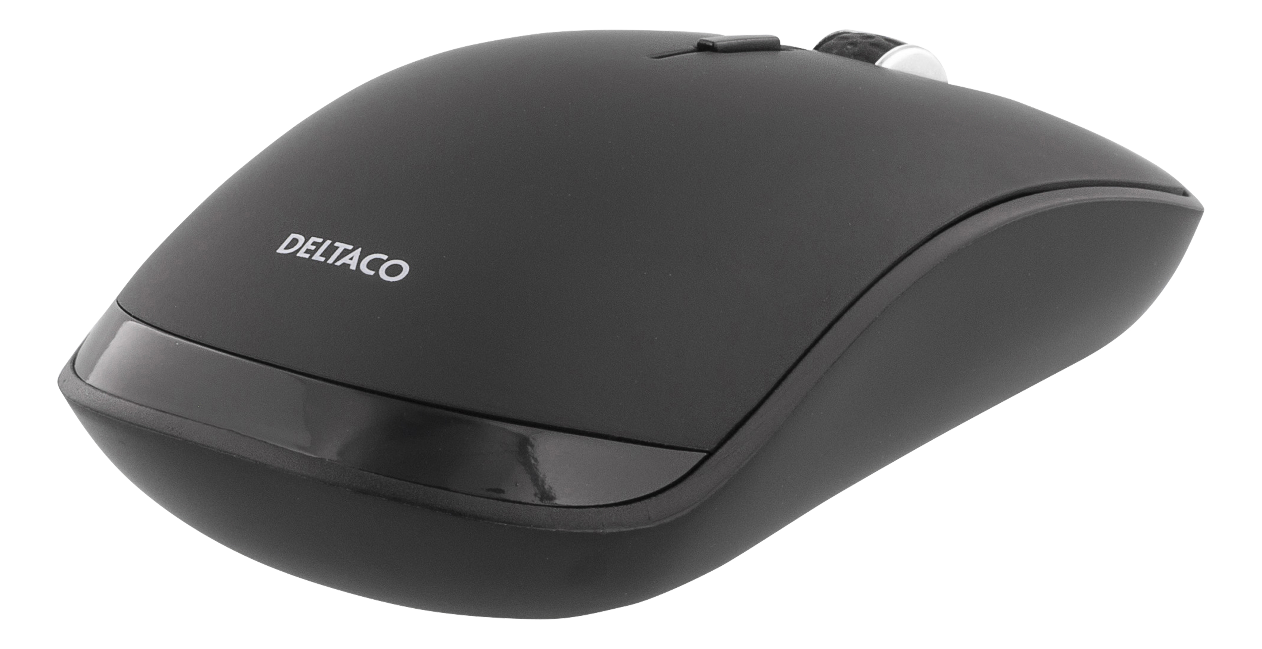 Souris d'ordinateur noire avec une molette de défilement. La souris est sur fond blanc.