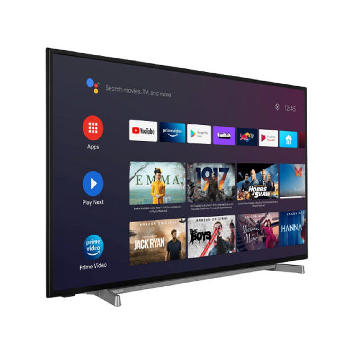 Una TV nera mostra un'interfaccia con icone di app e anteprime di film su sfondo bianco.