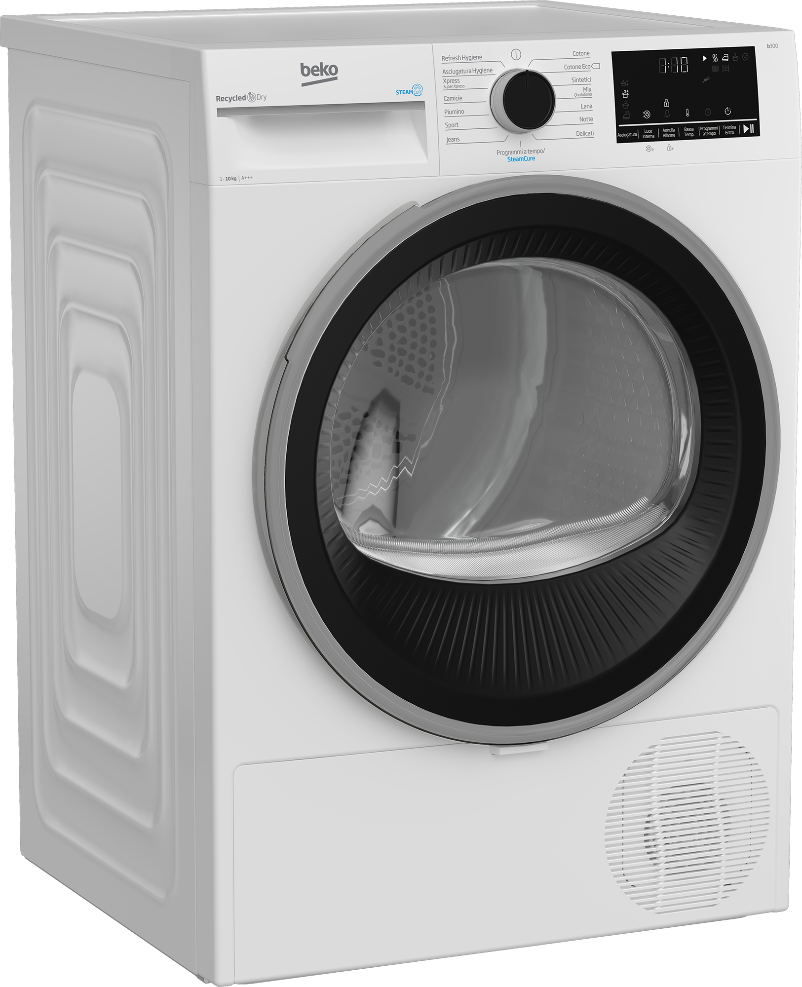 Asciugatrice Beko bianca con porta rotonda, comandi in alto e piccolo display.