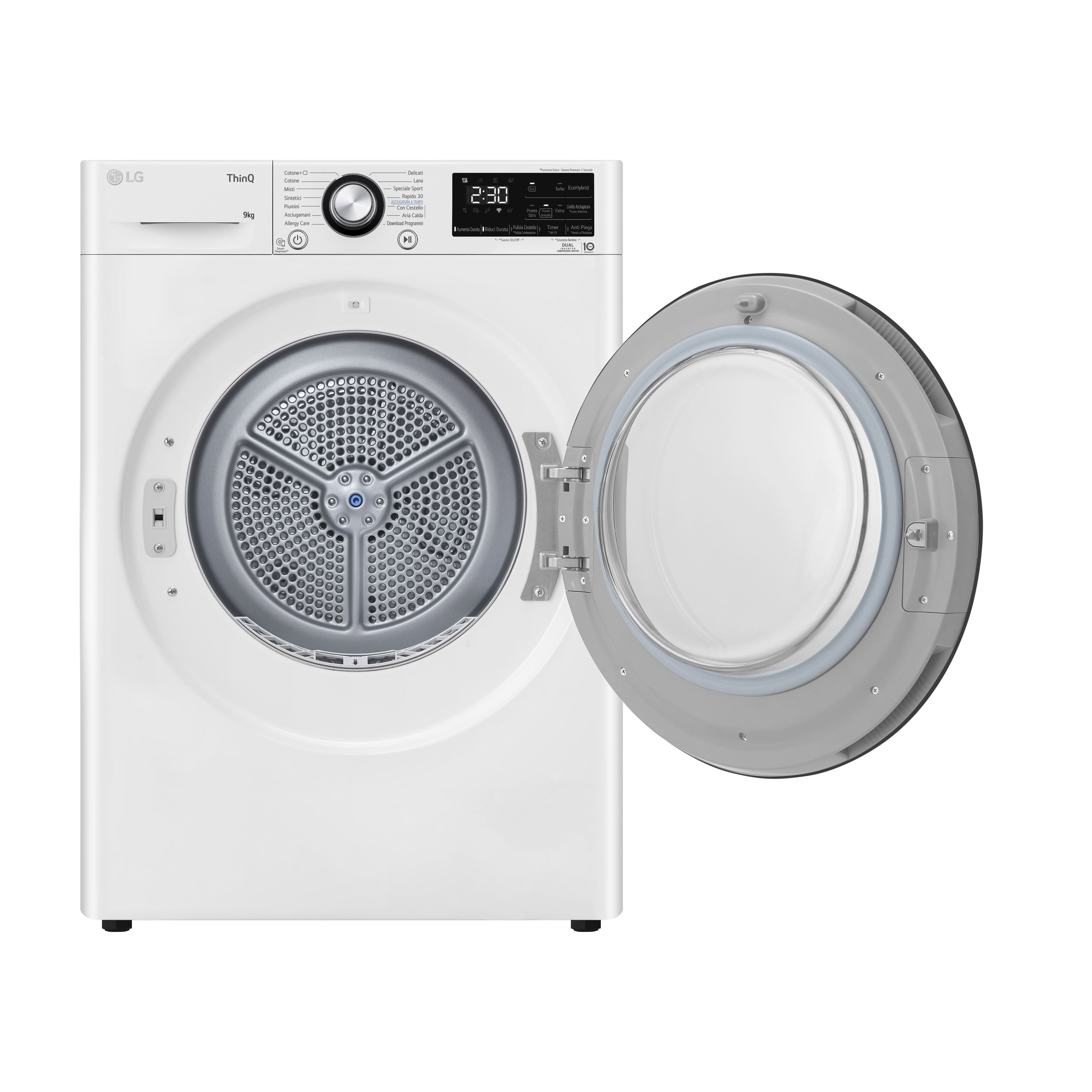 Asciugatrice LG bianca, porta aperta, mostra il cestello. Sfondo bianco.