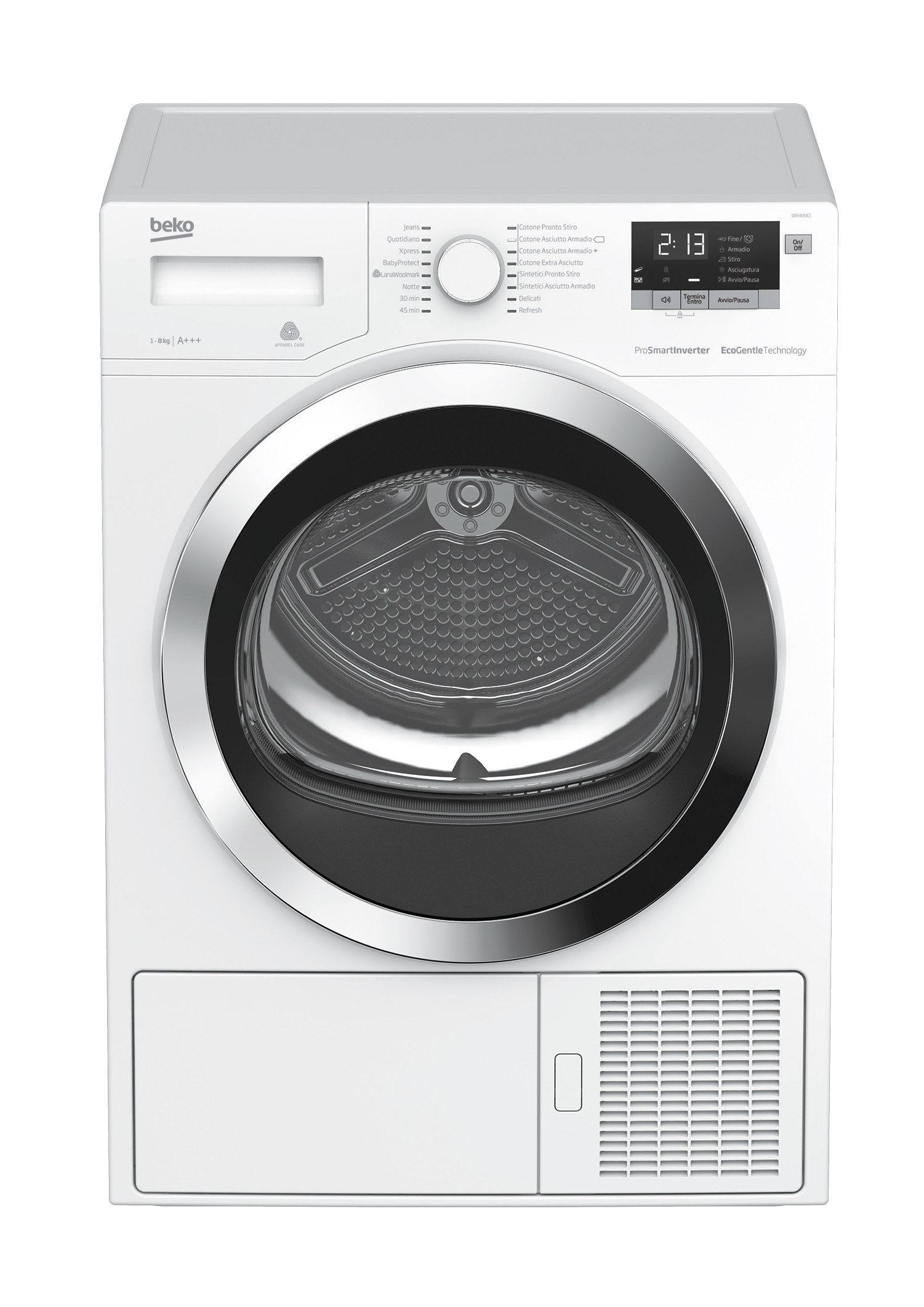 Asciugatrice Beko bianca, vista frontale con porta chiusa. Cornice e pannello di controllo argentati. Display digitale visibile.
