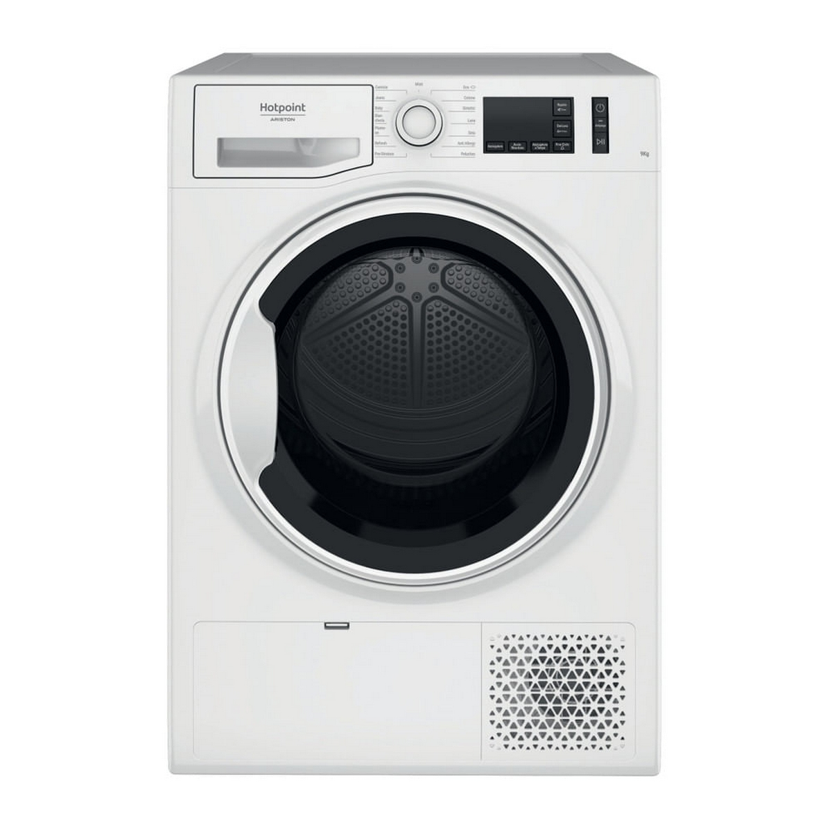 Asciugatrice Hotpoint bianca con porta e pannello di controllo neri.