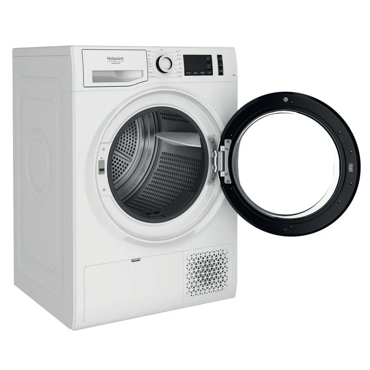Asciugatrice Hotpoint bianca, porta aperta. Cornice circolare nera, tamburo grigio. Pannello comandi in alto.
