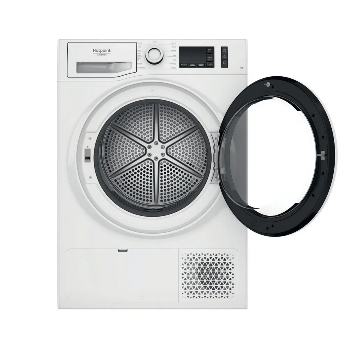 Asciugatrice Hotpoint bianca, porta aperta, mostra l'interno del cestello.