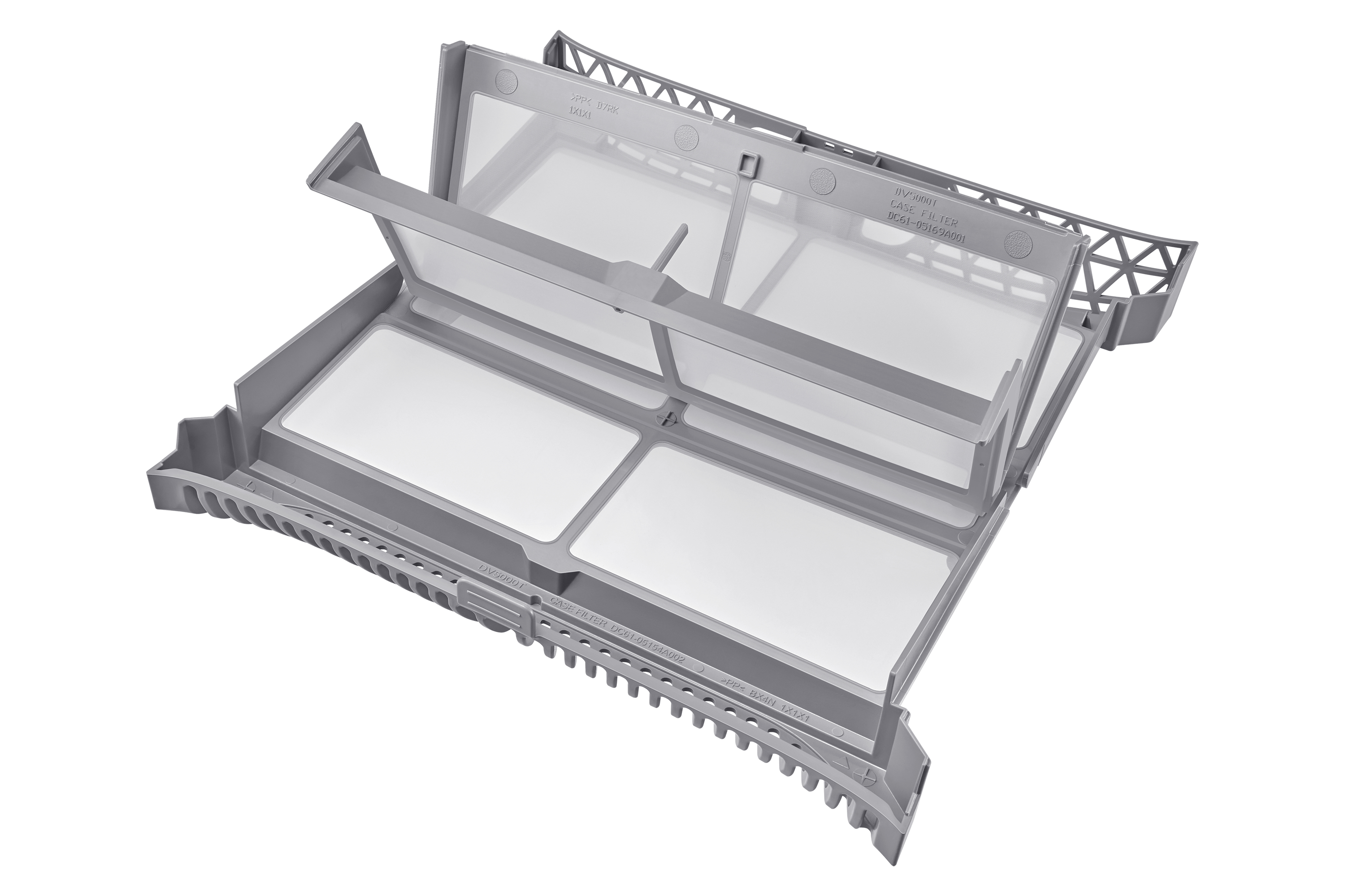 Schermo filtro grigio aperto per un'asciugatrice. Ha due filtri bianchi all'interno e un telaio in plastica grigia.