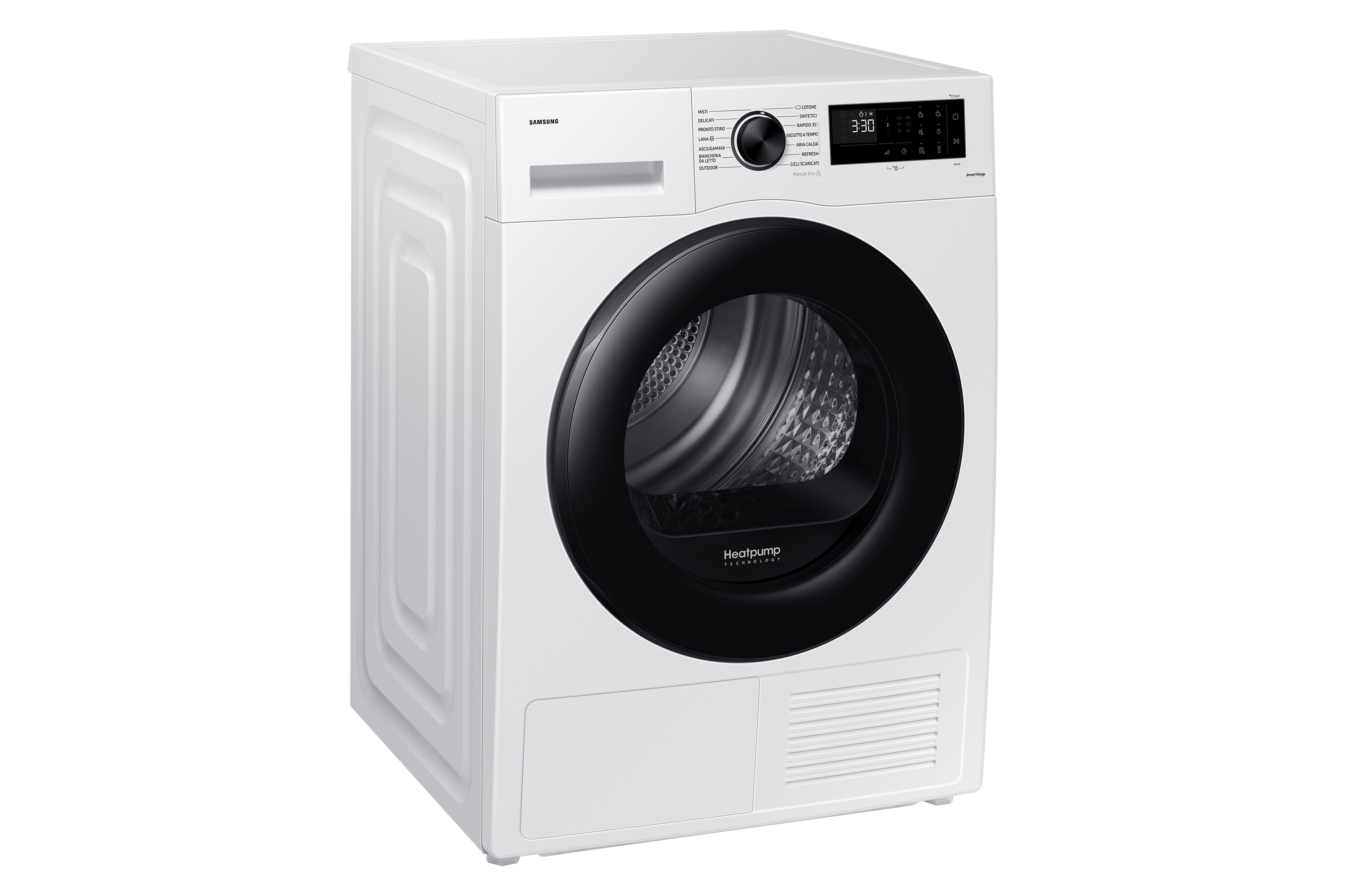 Asciugatrice Samsung bianca con porta nera e pannello di controllo, su sfondo bianco.