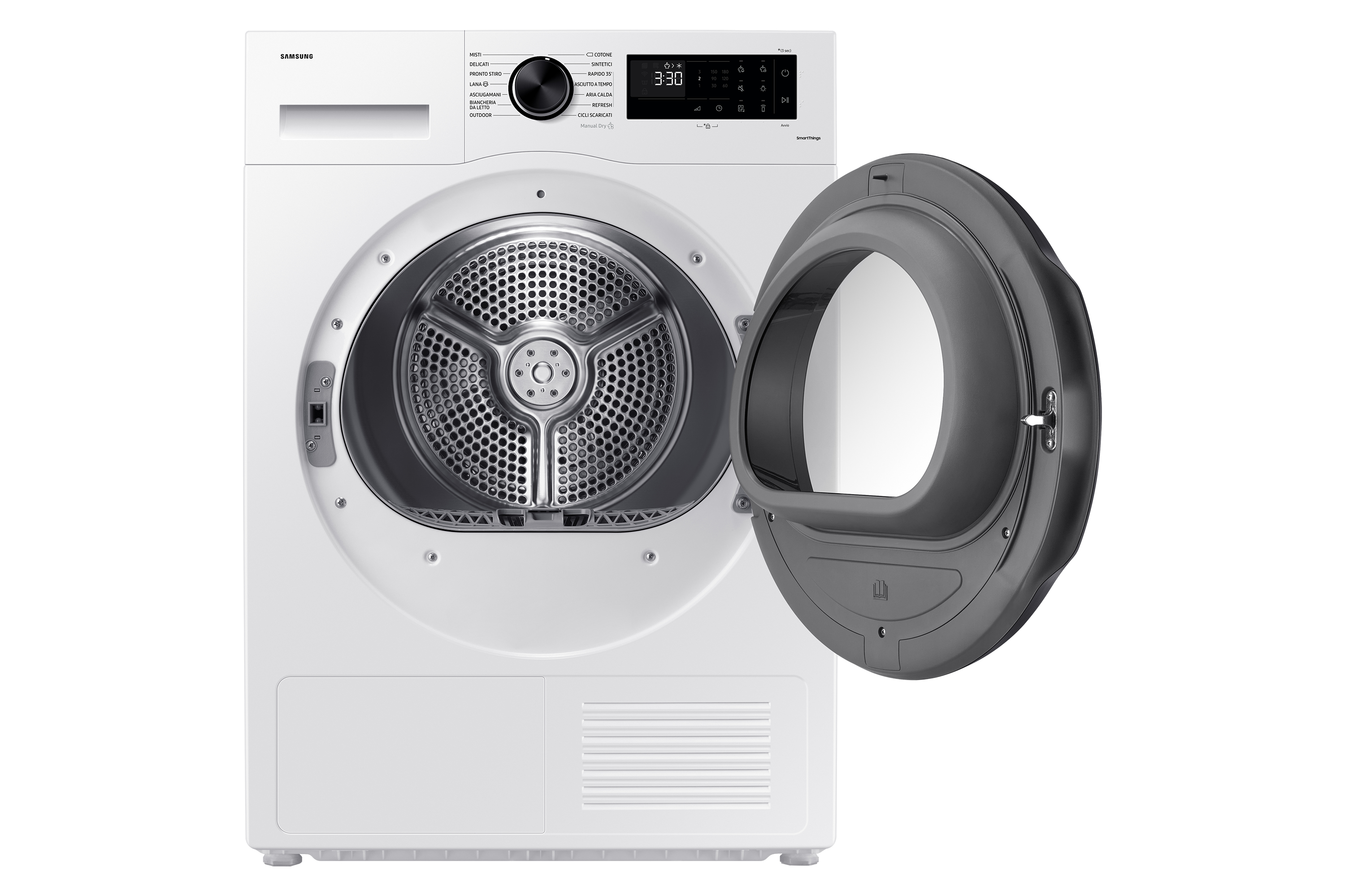 Asciugatrice Samsung bianca con porta aperta, interno e pannello comandi visibili.