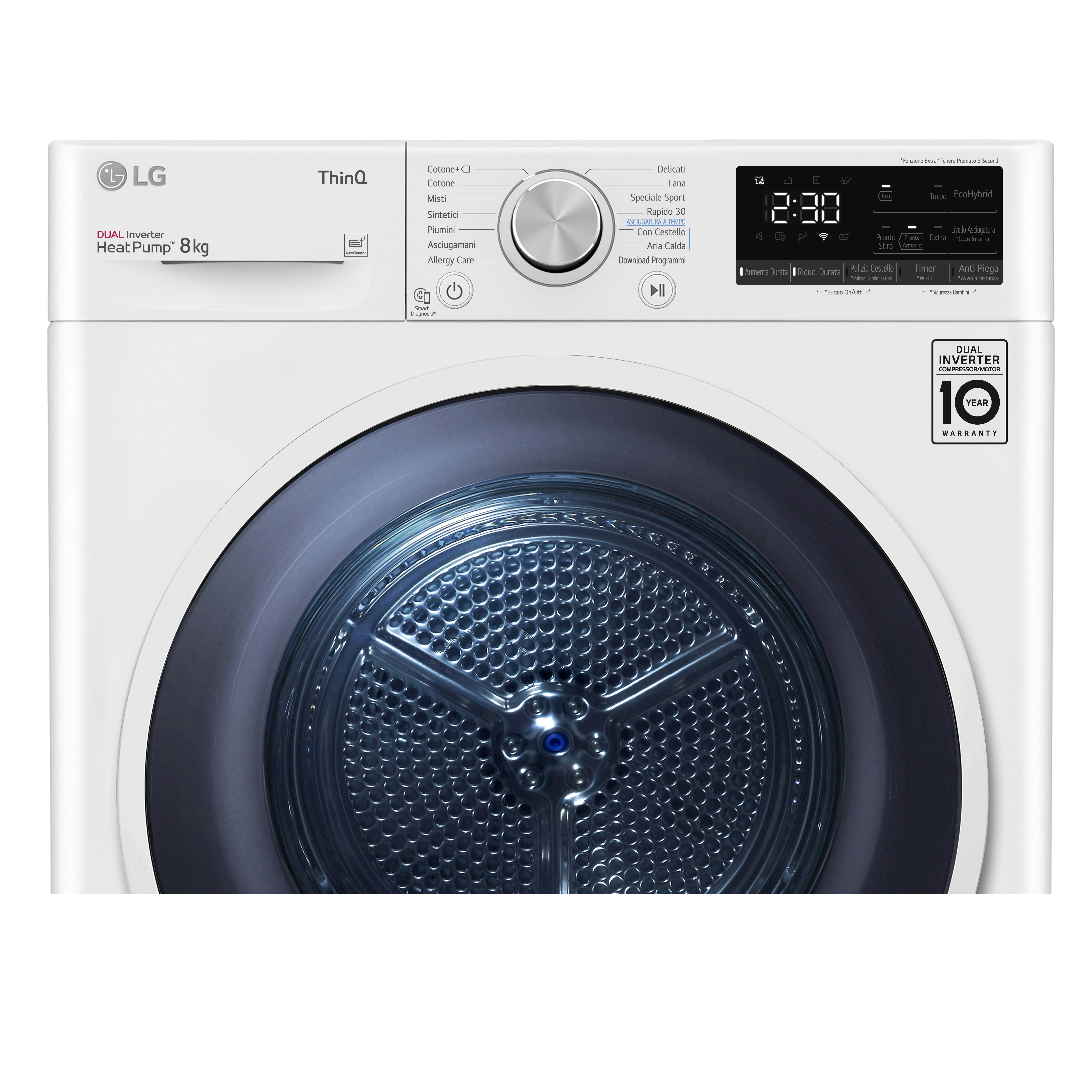 Asciugatrice LG bianca, vista frontale, con pannello comandi, display digitale e logo dual heat pump.