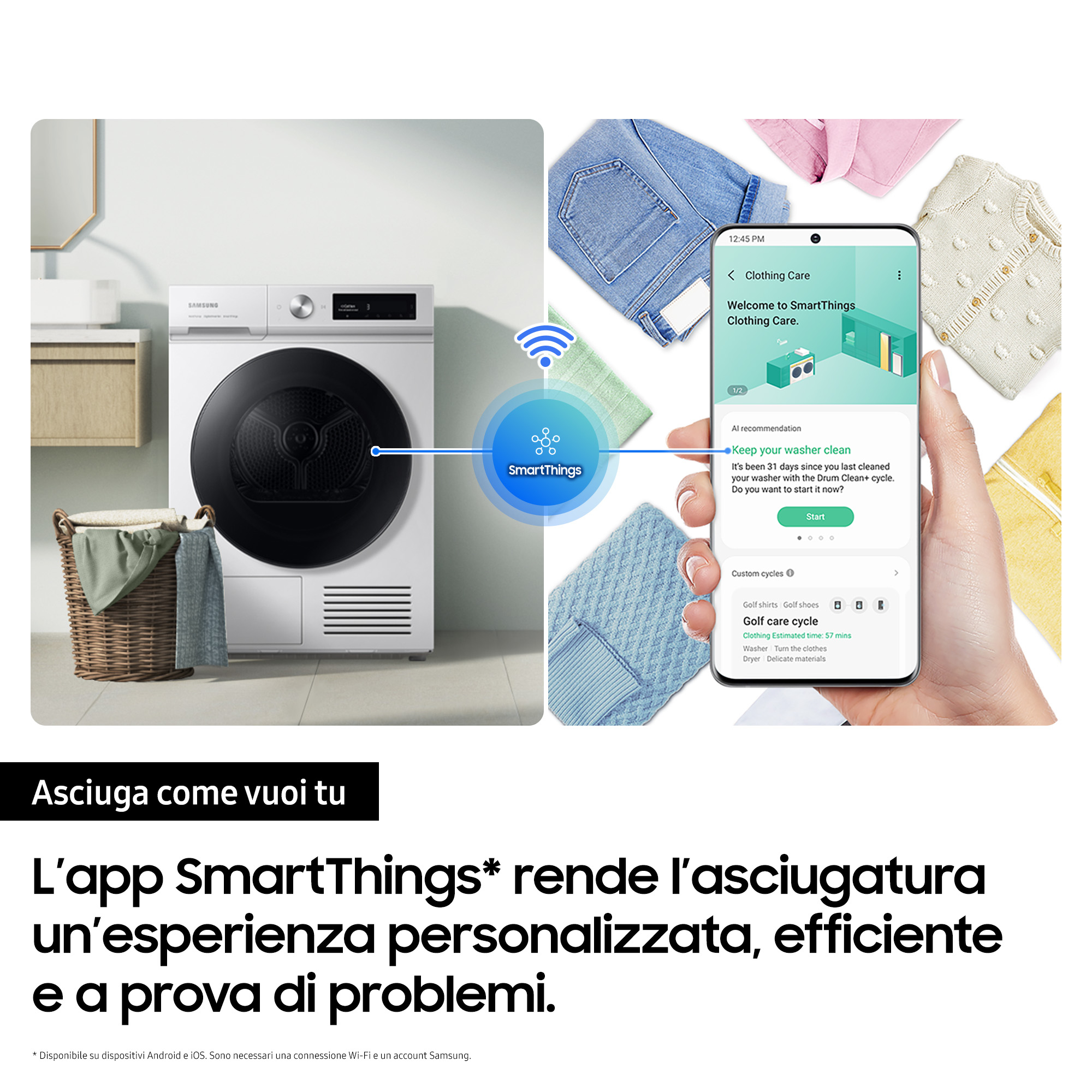 Scena con asciugatrice e telefono. Il telefono mostra l'app SmartThings collegata all'asciugatrice.