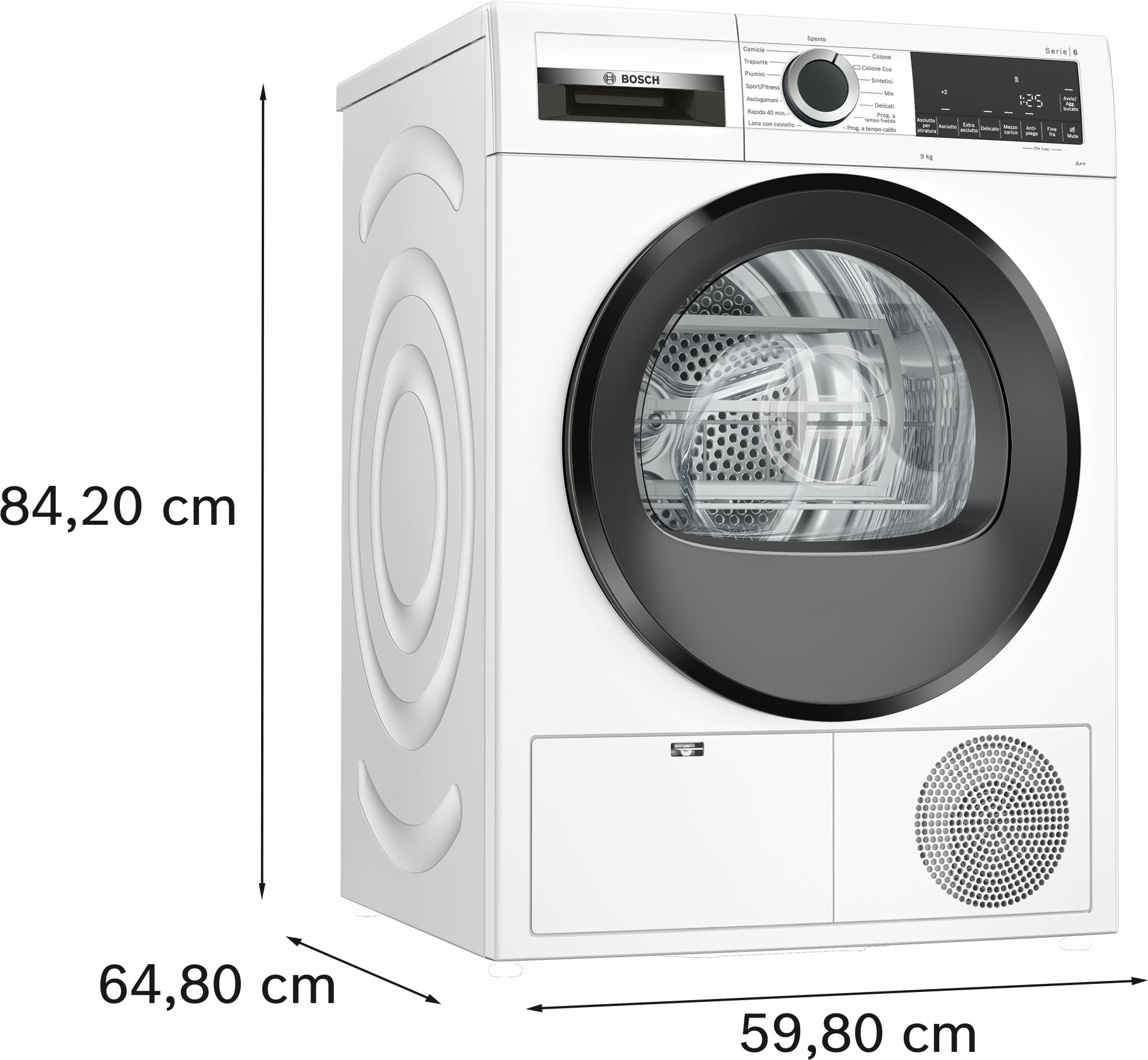 Un'asciugatrice Bosch bianca con dimensioni: altezza 84,20 cm, larghezza 64,80 cm, profondità 59,80 cm.