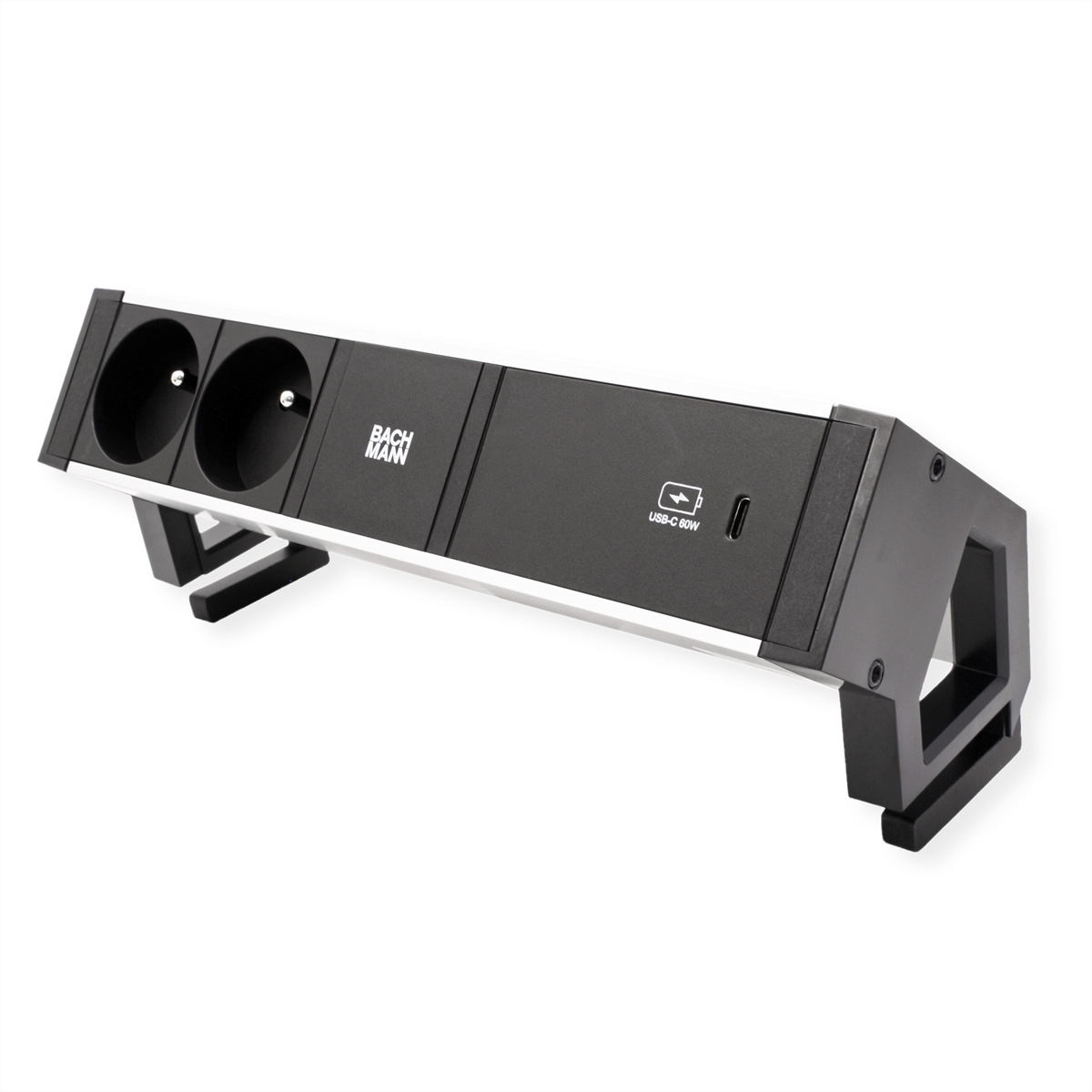 Multipresa Bachmann nera con due prese, porta USB-C e supporto.