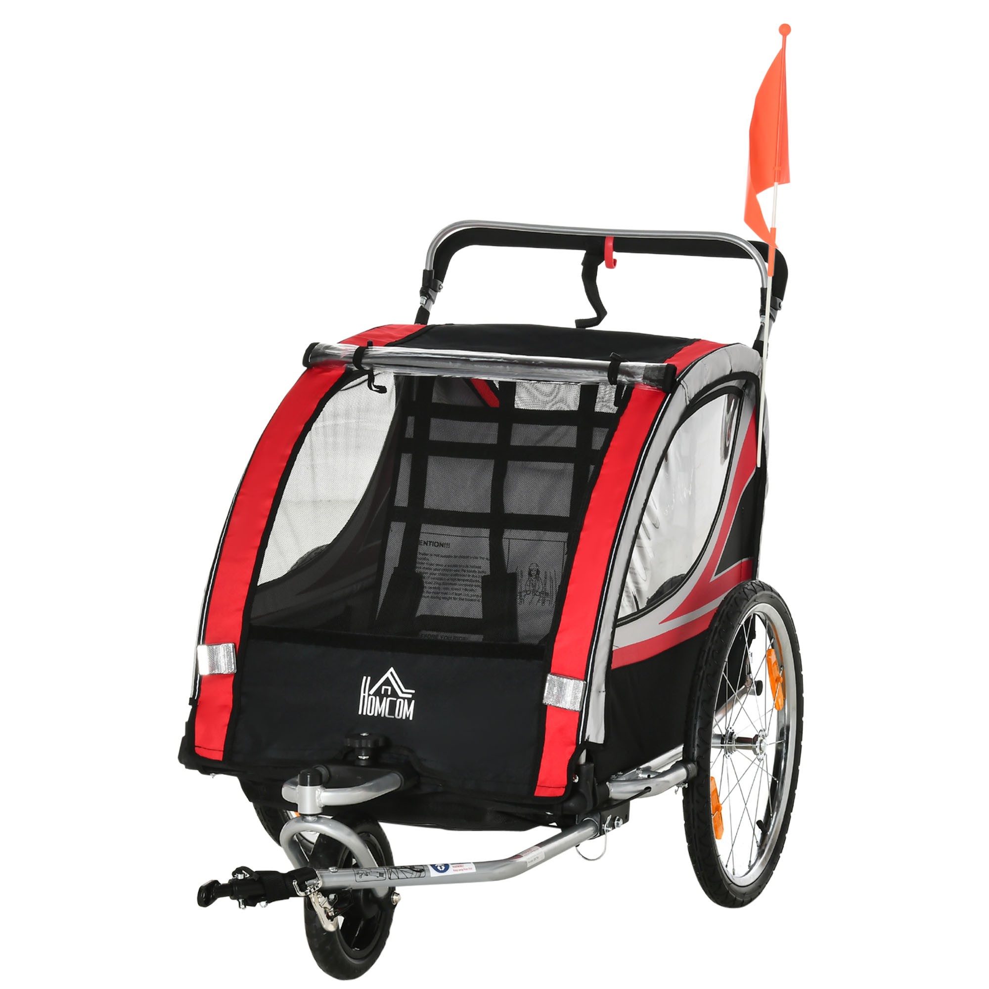 Un rimorchio per bambini rosso e nero con una bandiera arancione su sfondo bianco.