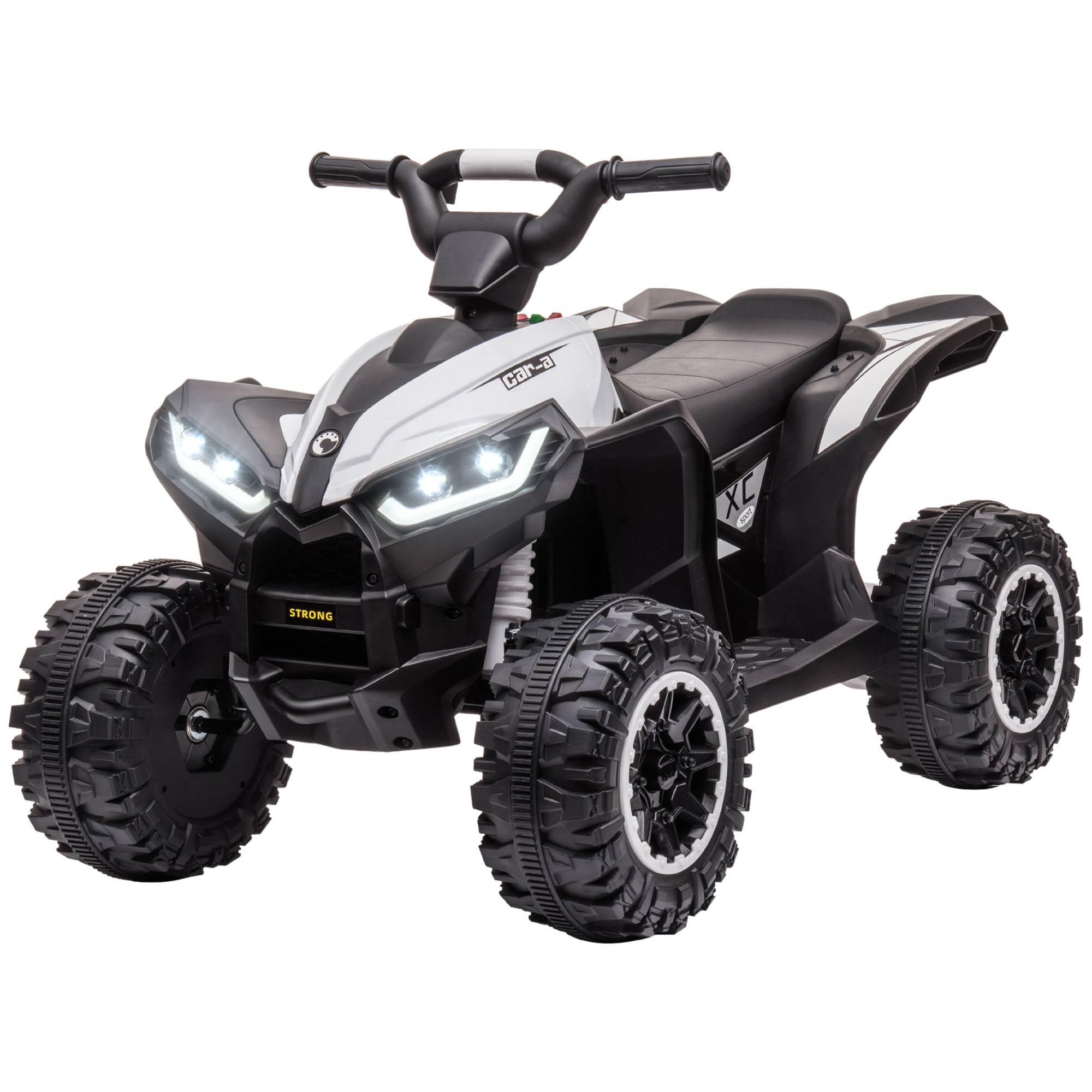 ATV giocattolo bianco e nero con fari luminosi, isolato su sfondo bianco, pronto per giocare.