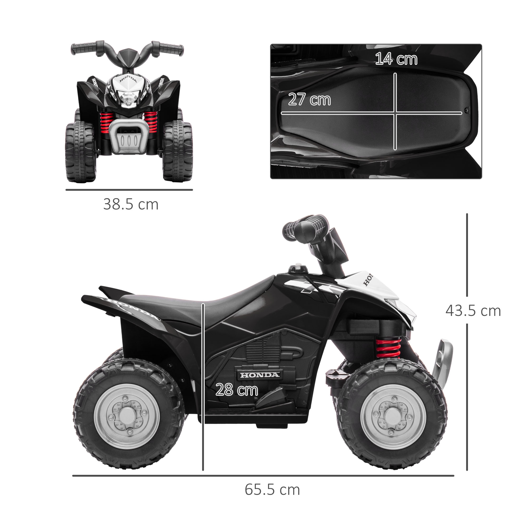 ATV giocattolo rosso e nero, con dimensioni, compresi sedile e ruote.
