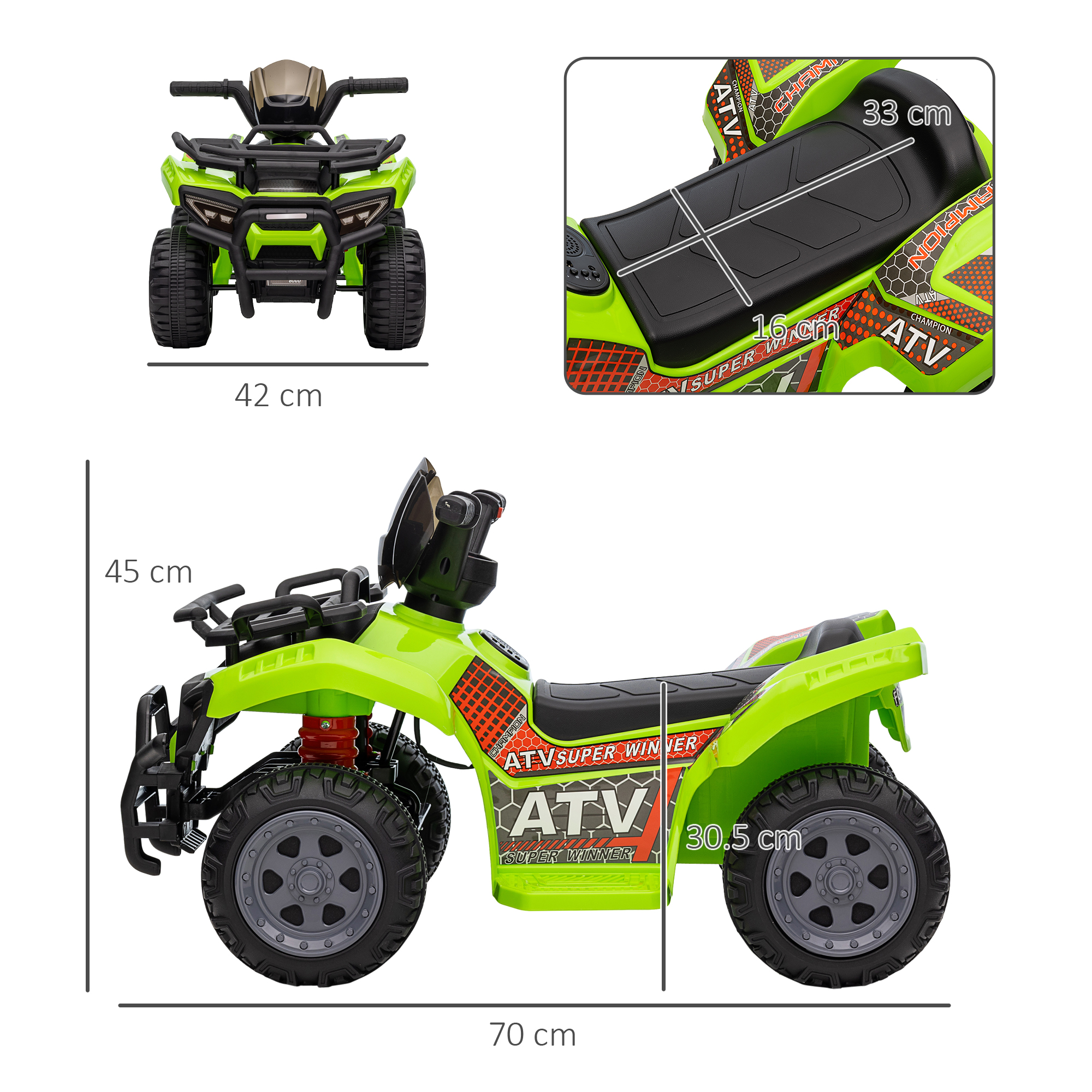 Giocattolo ATV verde e nero con misure. Dimensioni: 42 cm larghezza, 70 cm lunghezza, 45 cm altezza.