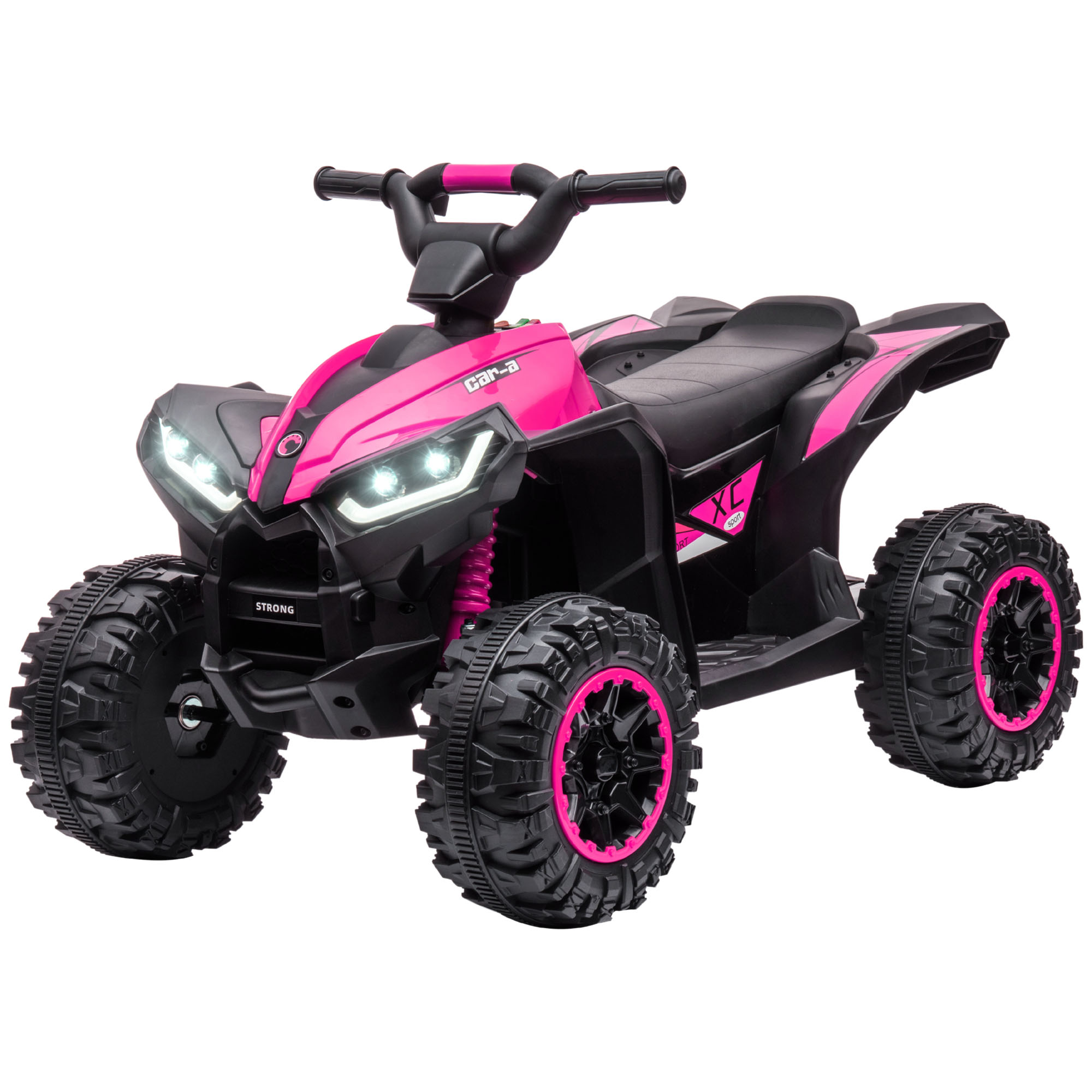 ATV giocattolo rosa e nero con fari, sedile e grandi pneumatici fuoristrada.