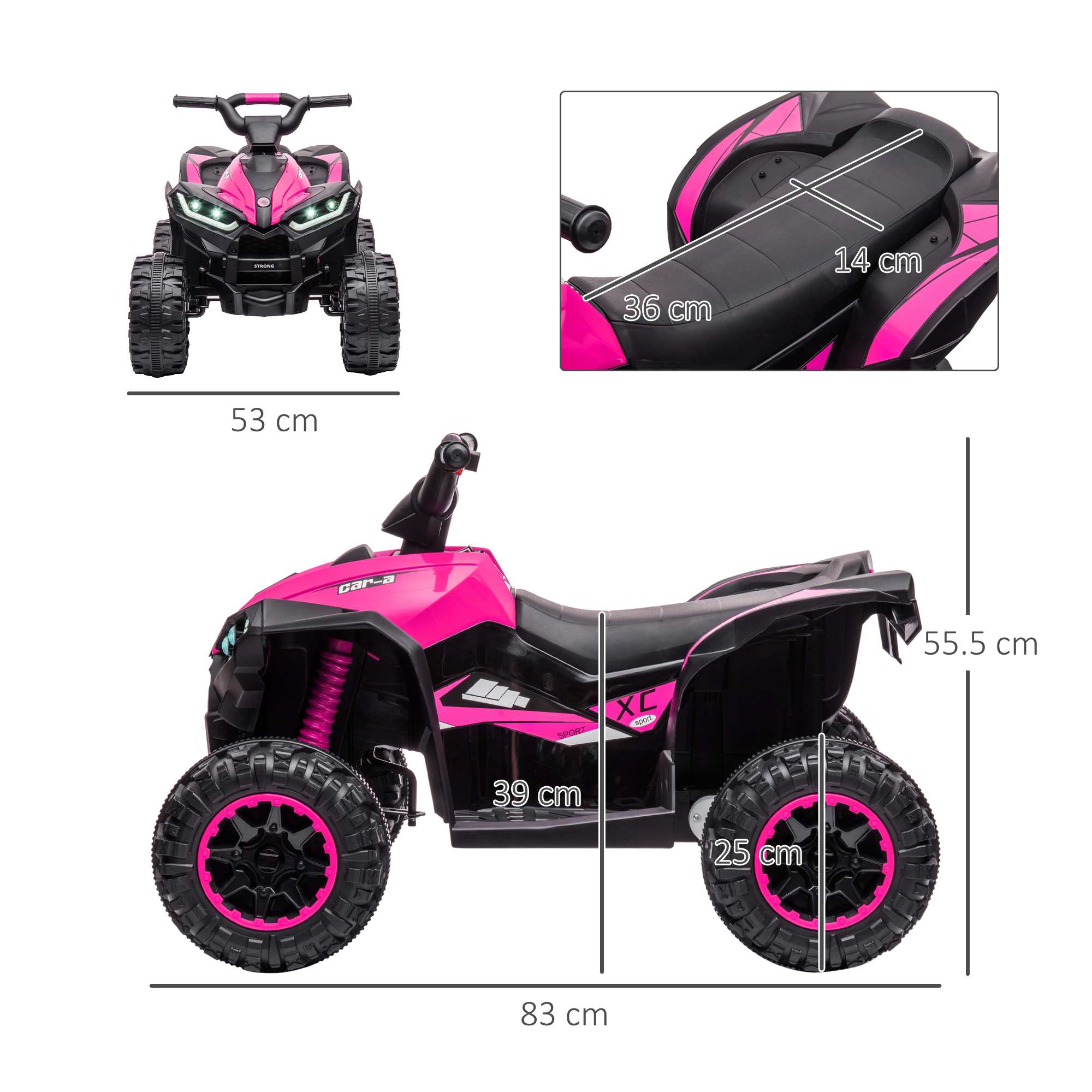 ATV giocattolo blu e nero con accenti rossi. Ha luci anteriori, un volante e un design da corsa.