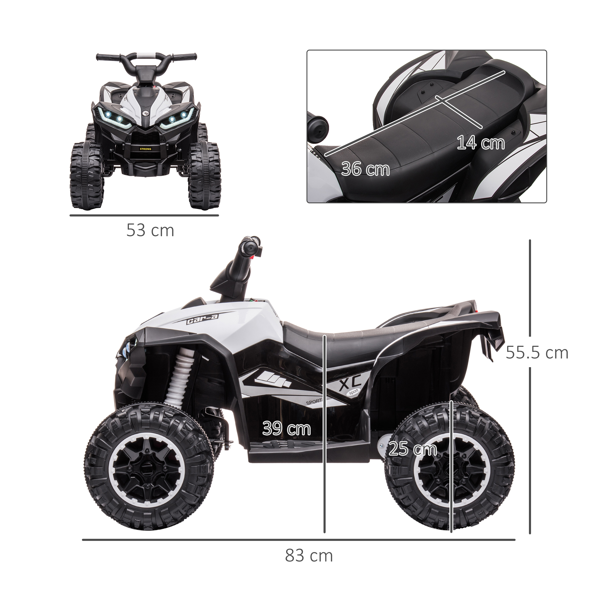 Giocattolo ATV bianco e nero con dimensioni etichettate. Mostra viste frontali, laterali e dettagli sedile.