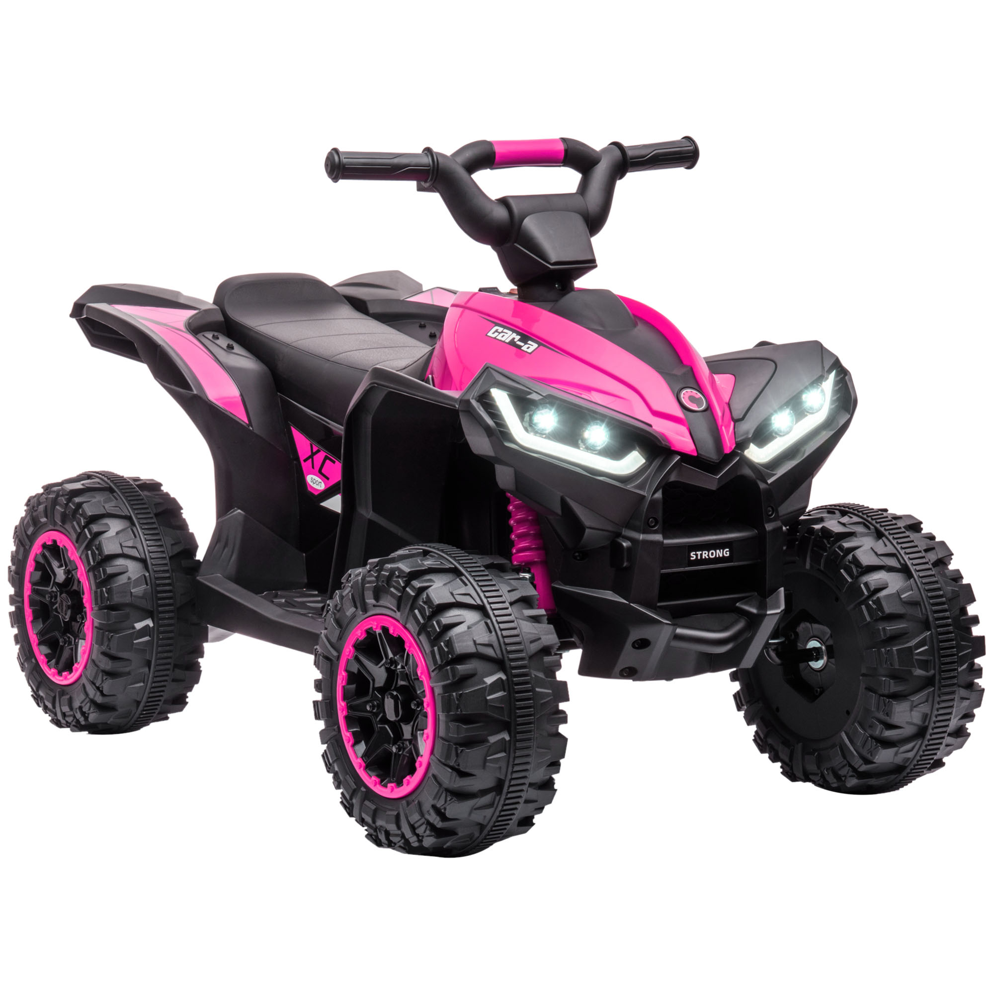 Giocattolo ATV rosa con dettagli neri e luci LED. Presenta pneumatici grandi e comandi al manubrio.