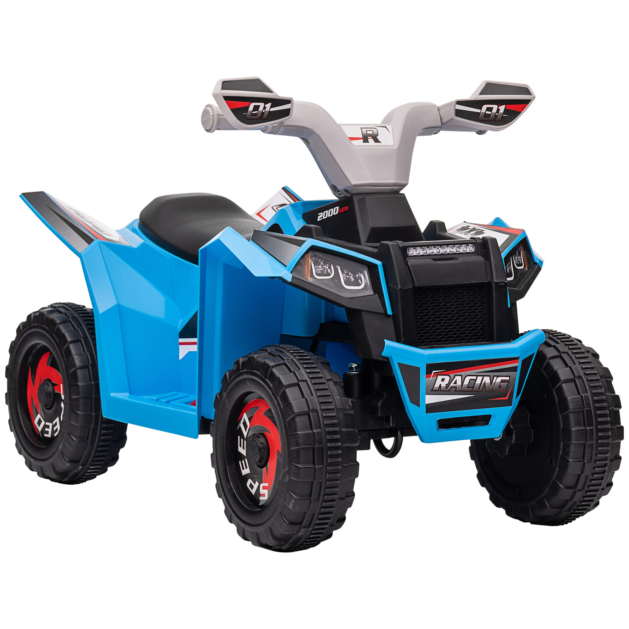 Primo piano del manubrio di un ATV giocattolo. È grigio e nero, con impugnature nere.