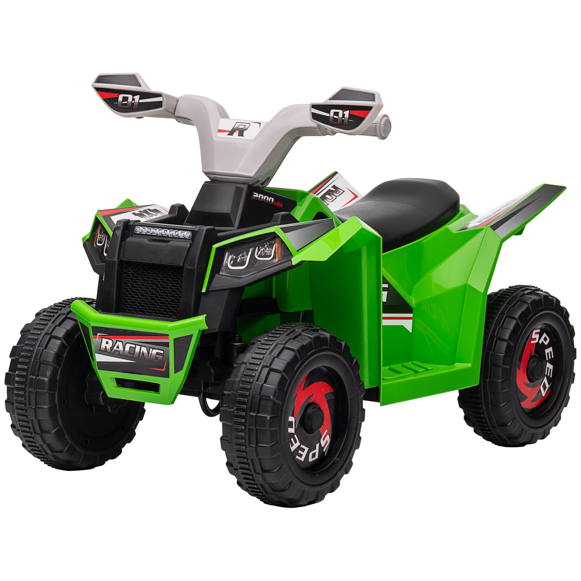 Un ATV verde con pneumatici neri. L'ATV ha dettagli rossi sulle ruote e un sedile nero.