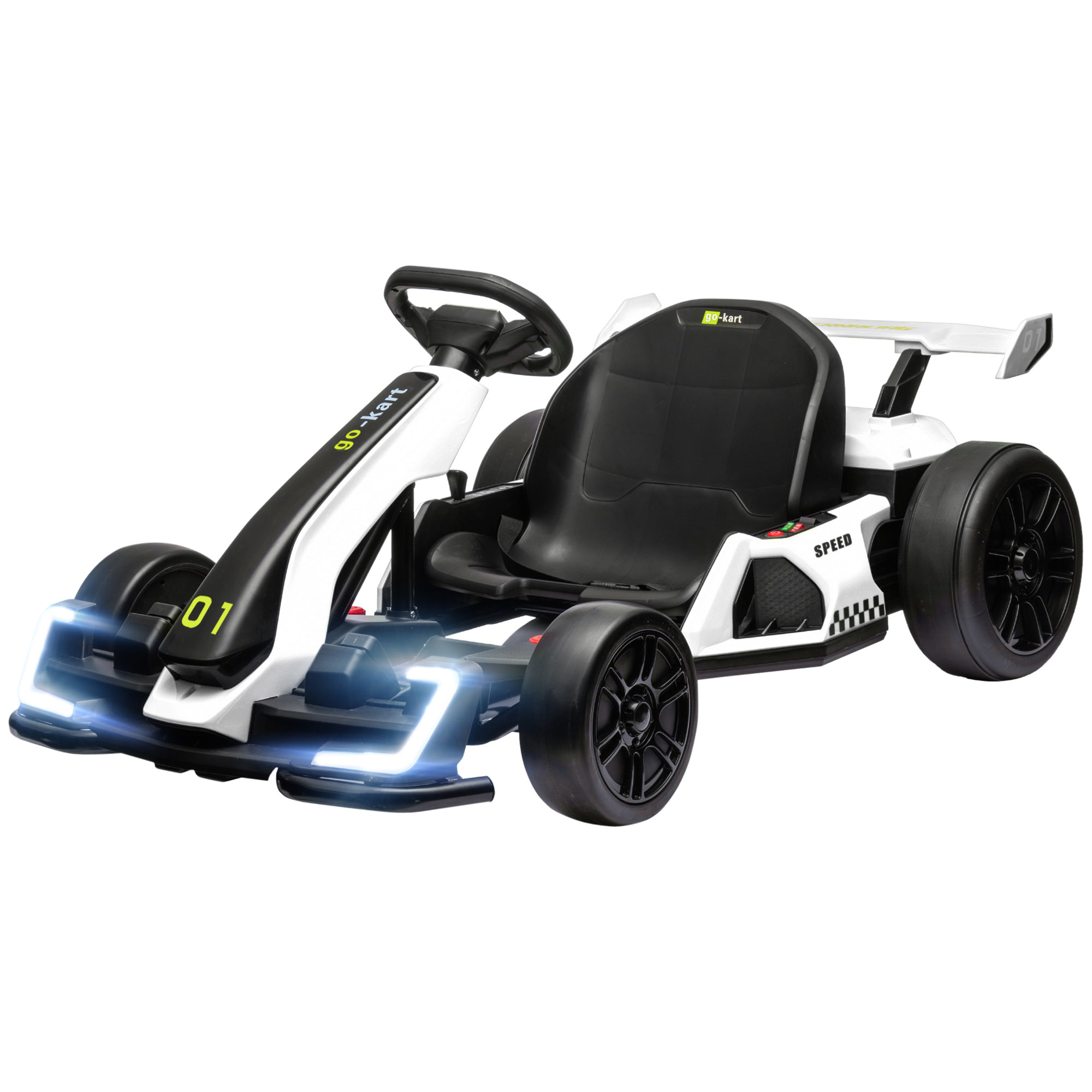 Giocattolo go-kart bianco e nero con luci a LED. Pneumatici neri e stile racing. Numero '01' sulla parte anteriore.