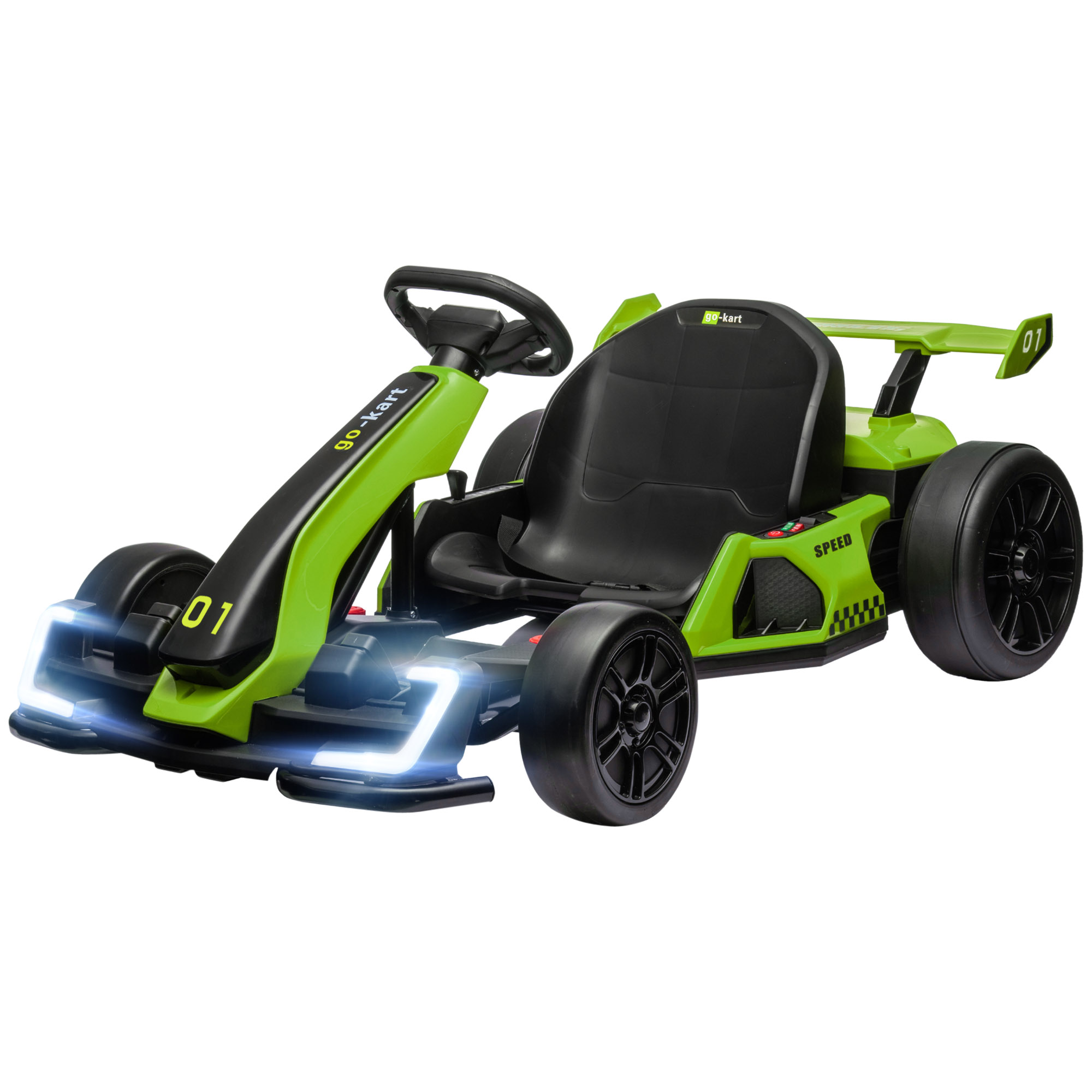 Go-kart verde con sedile nero e frontale bianco, su sfondo bianco, isolato.