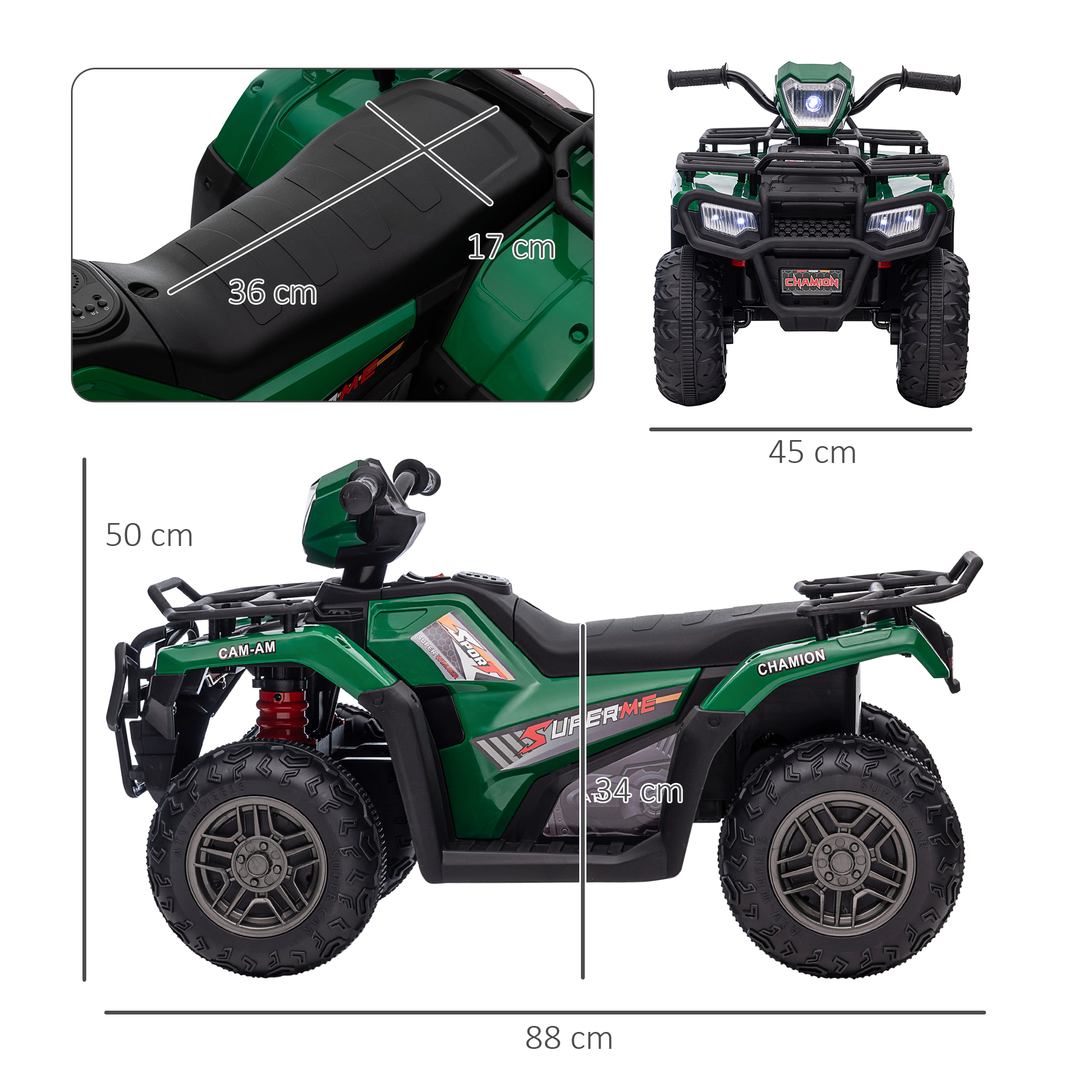ATV giocattolo verde con dimensioni. Dettagli: dimensioni sedile 36x17cm. Vista frontale: 45cm larghezza. Vista laterale: 88cm lungo, 34cm alto.