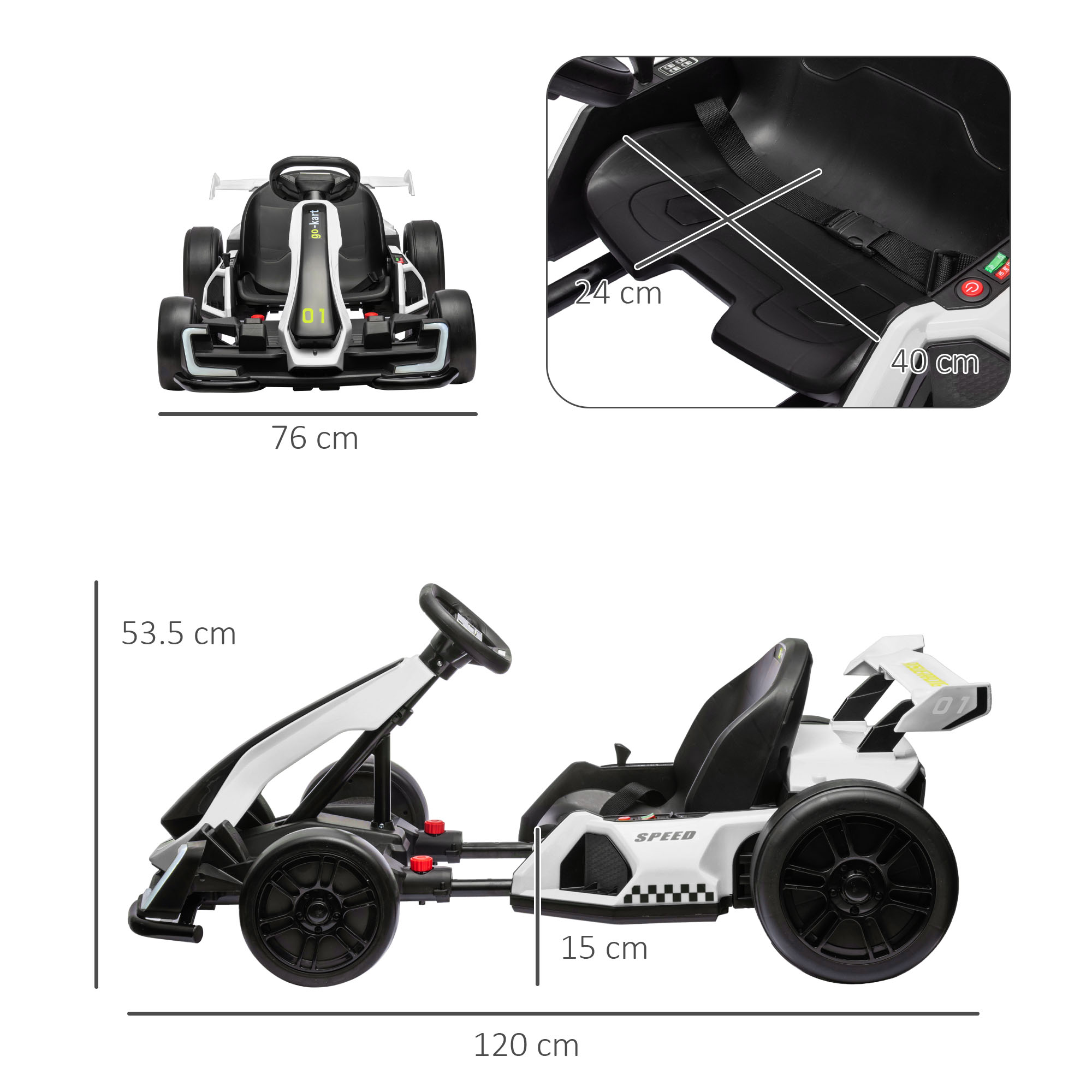 Go-kart giocattolo bianco e nero con dimensioni. Con sedile e spoiler.