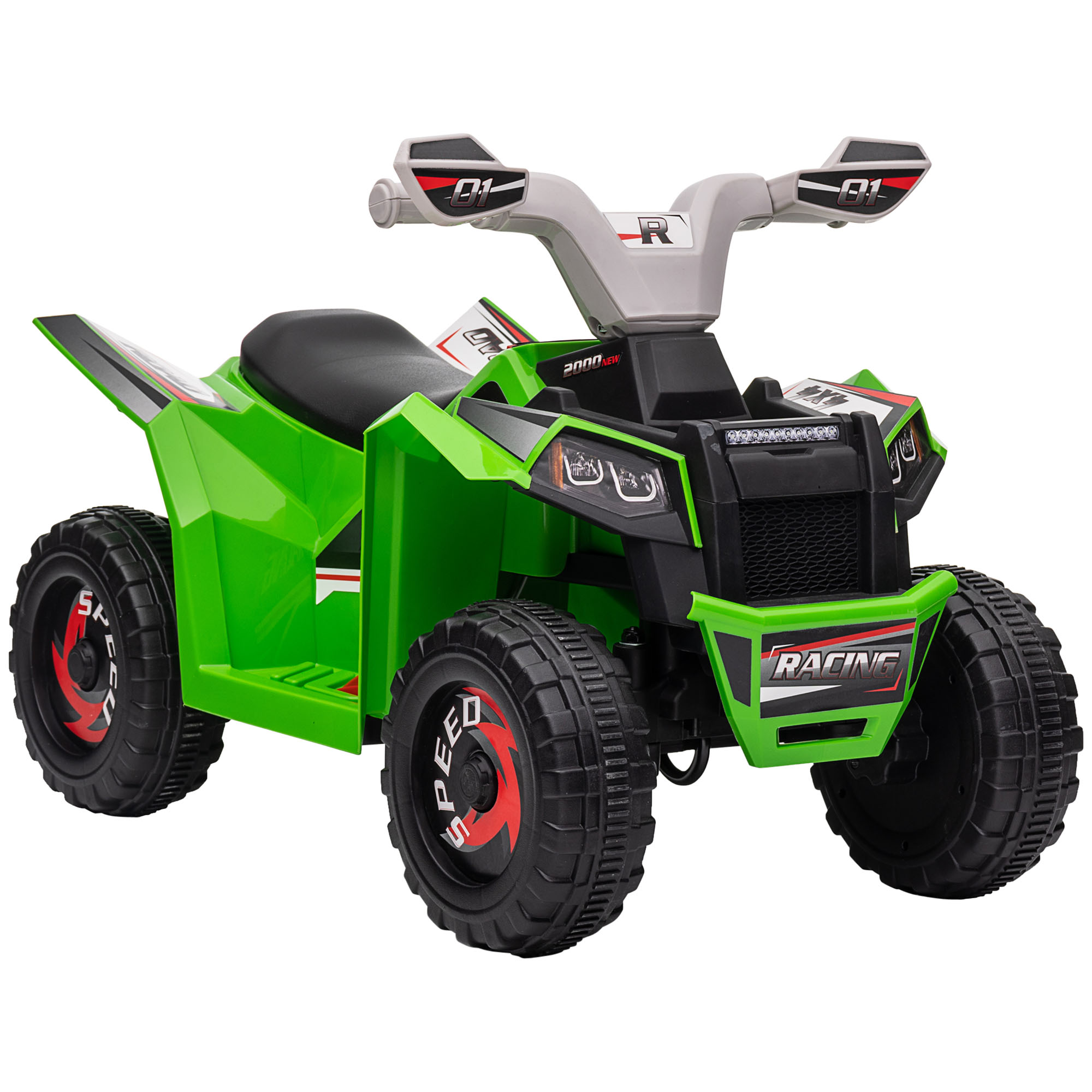 Primo piano della luce posteriore e del marchio su un ATV giocattolo verde.