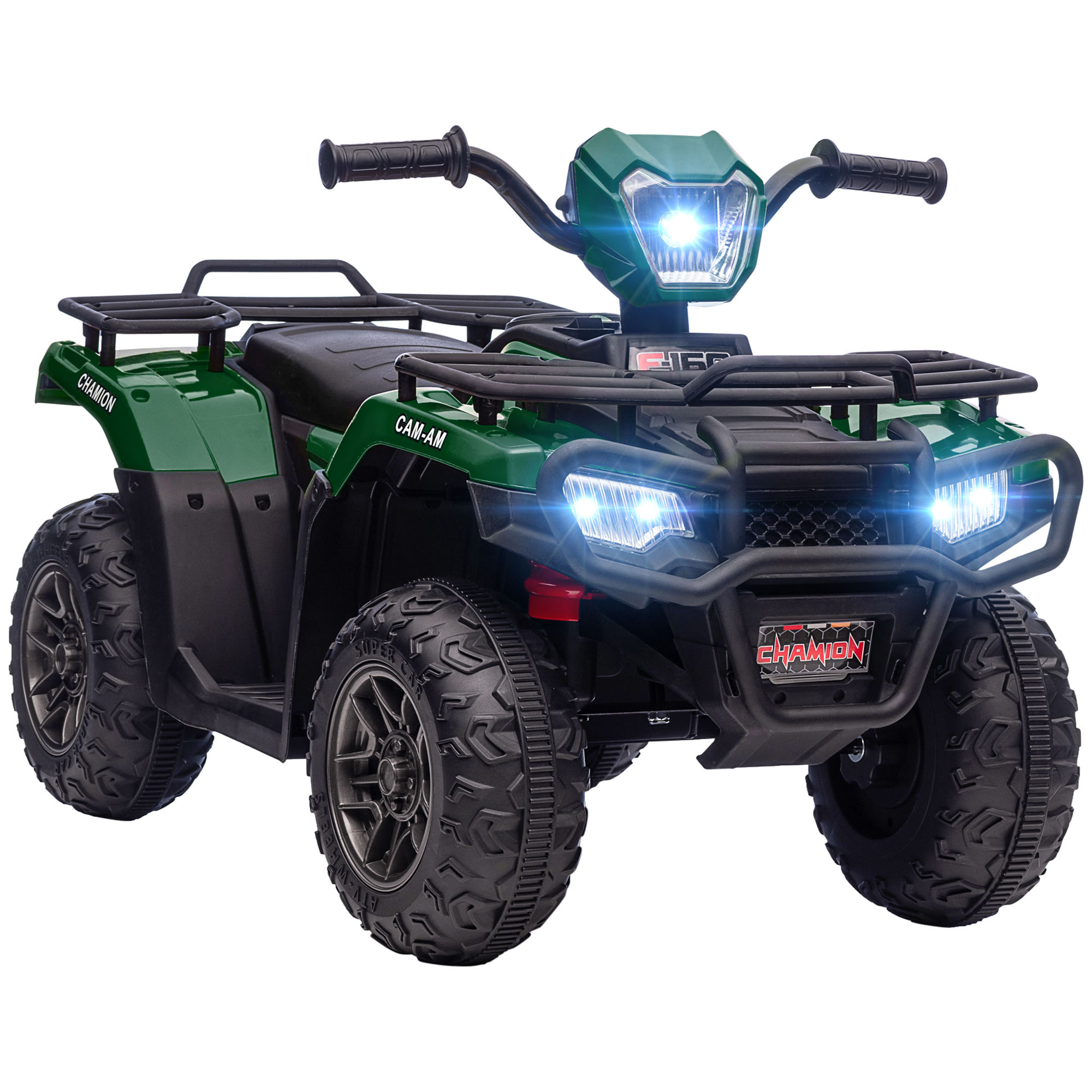 ATV verde con dettagli neri e fari funzionanti. Ha un paraurti anteriore nero e manubrio nero.