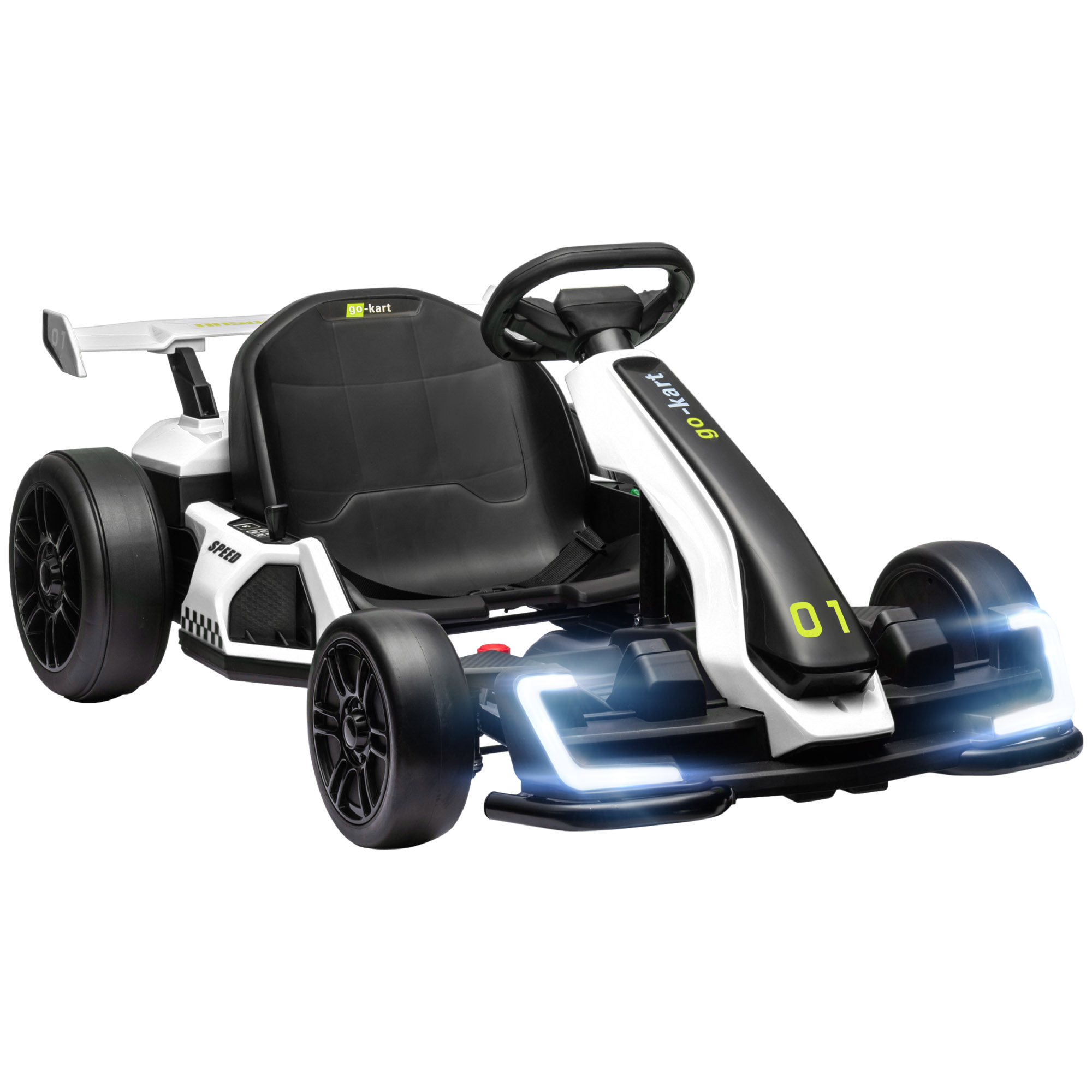 Go-kart giocattolo bianco e nero con luci al neon e spoiler. Volante visibile. Numero 01.