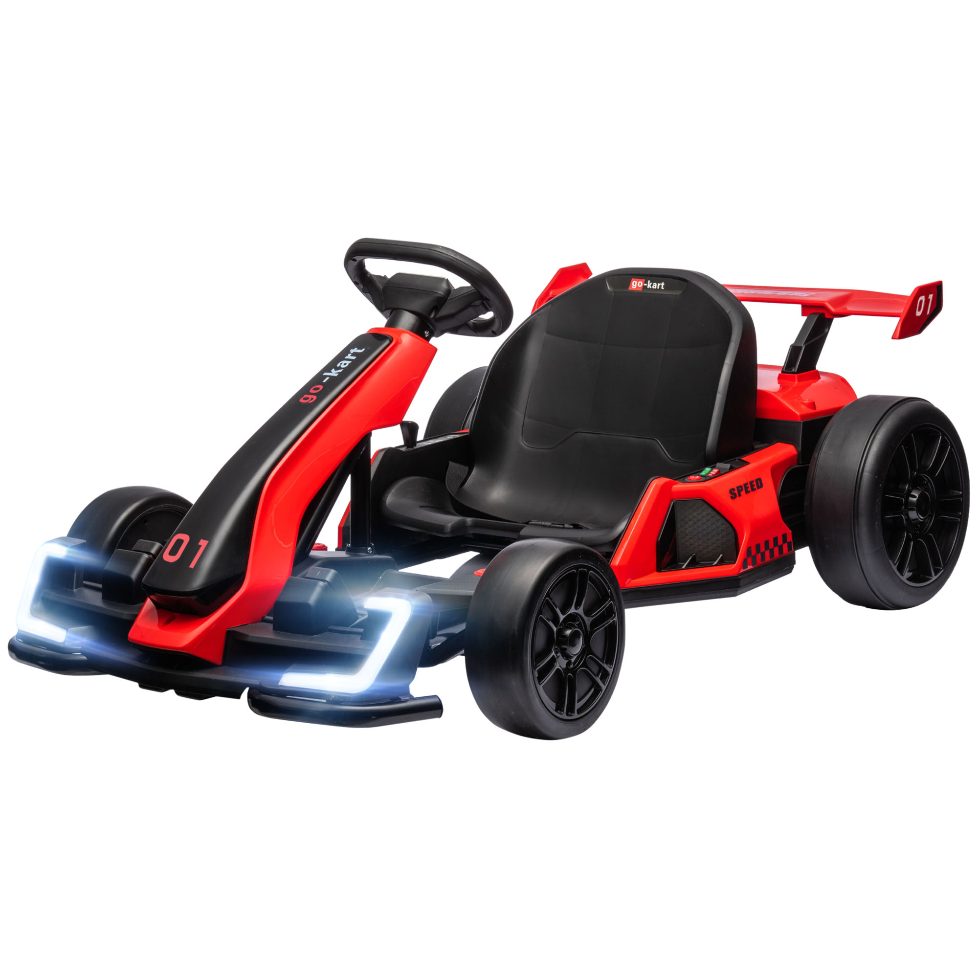 Go-kart giocattolo rosso con dettagli neri, luci LED bianche. Isolato su bianco. Con spoiler e numero 01.