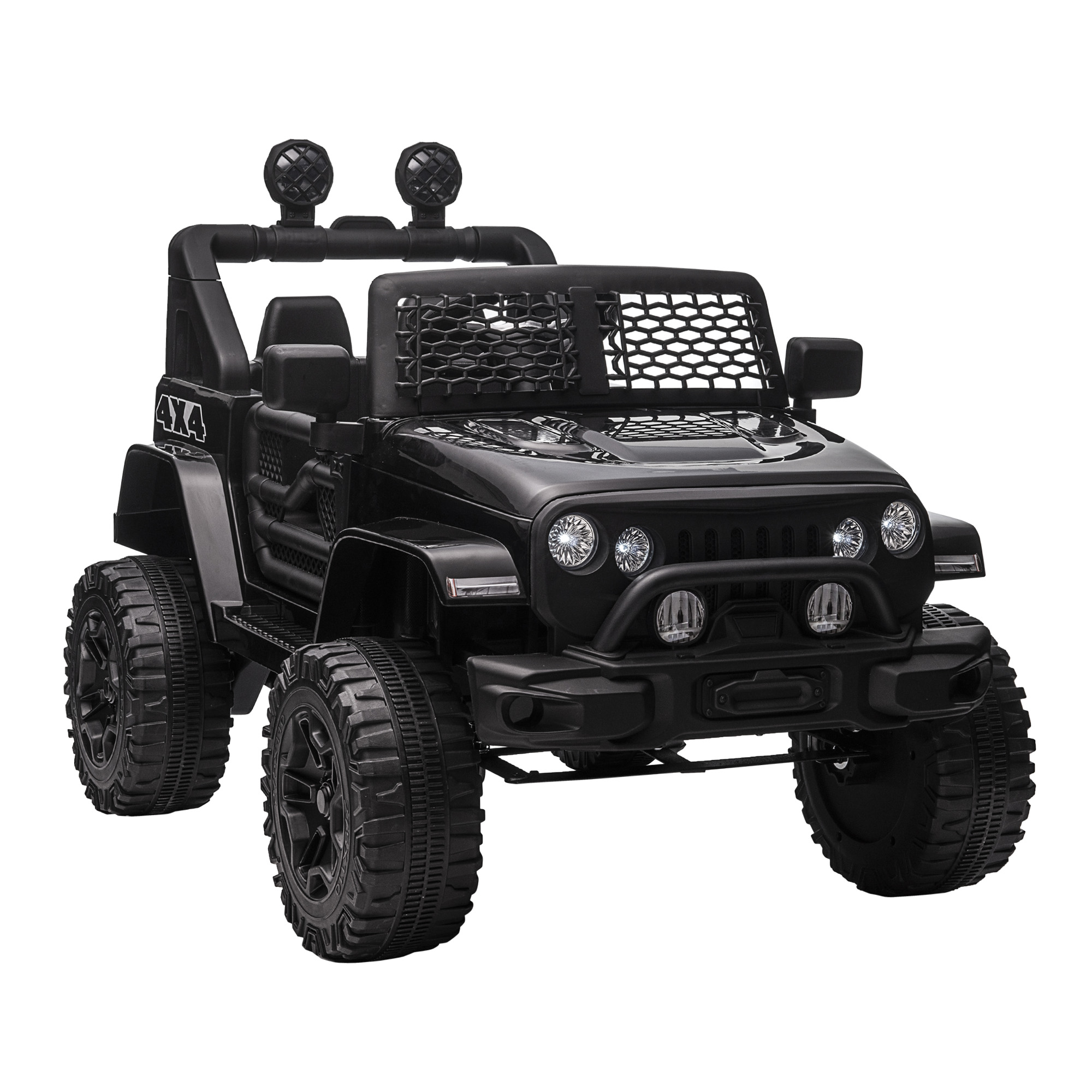 Jeep giocattolo nero con pneumatici grandi e roll-bar. Fari e logo 4x4.