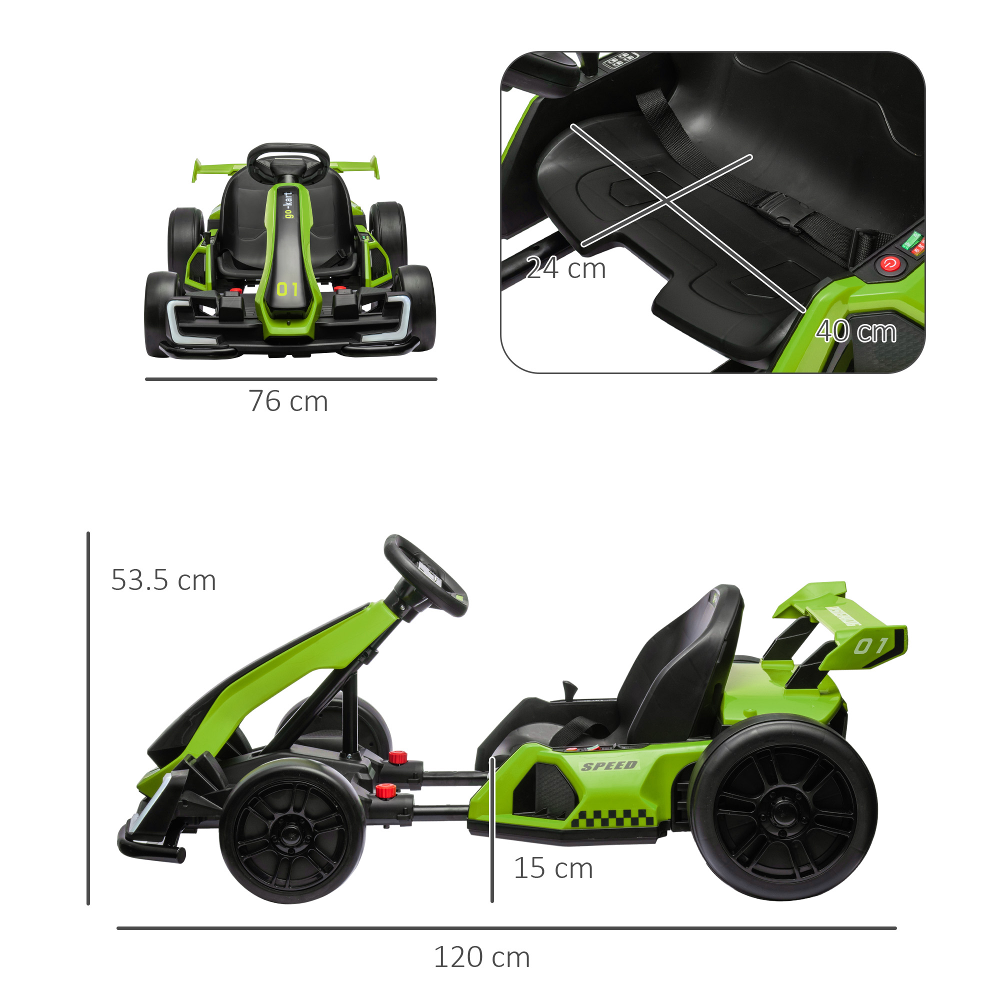 Go-kart verde con dimensioni, ruote nere e sedile nero.