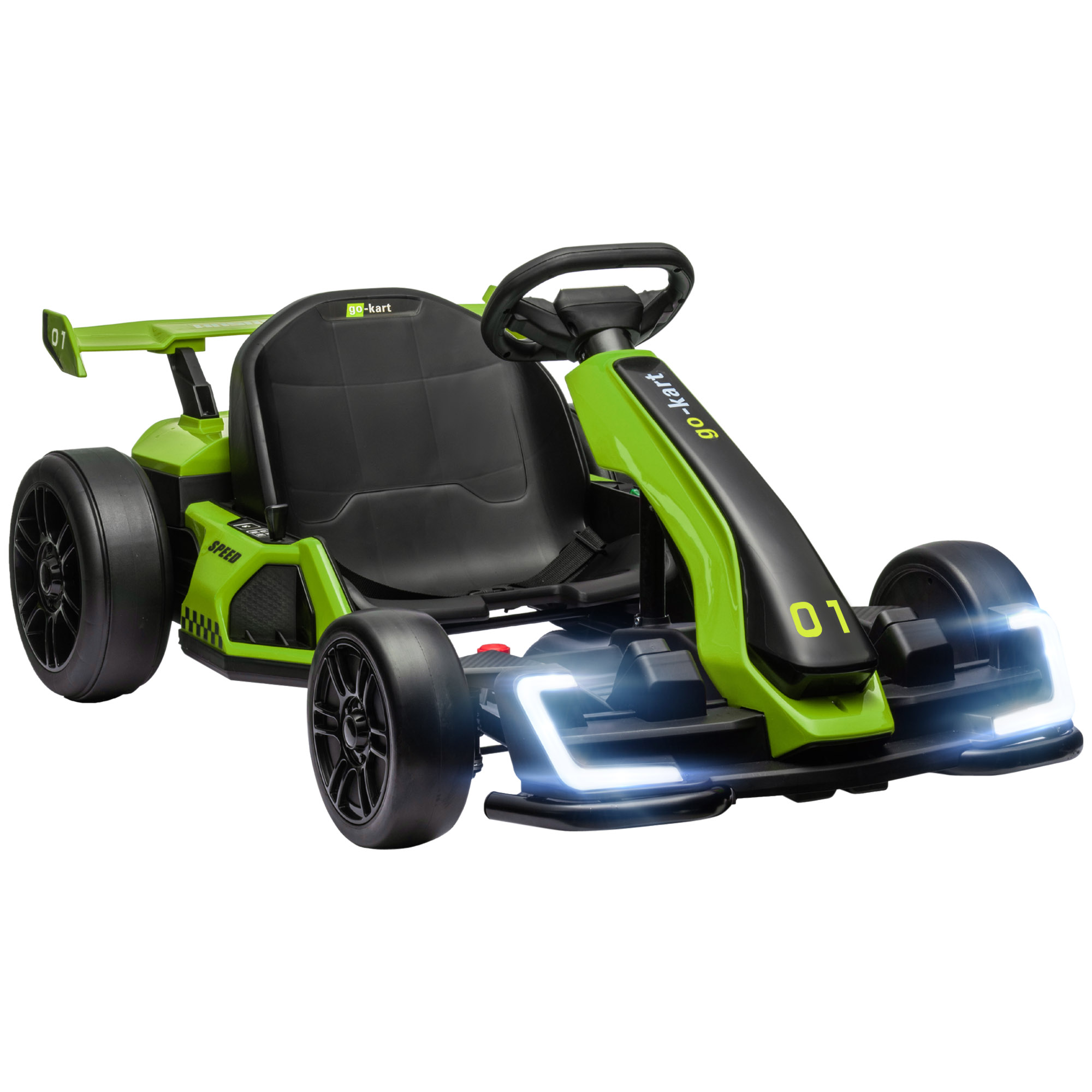 Un go-kart verde con pneumatici neri. Il go-kart ha un sedile nero e fari bianchi.