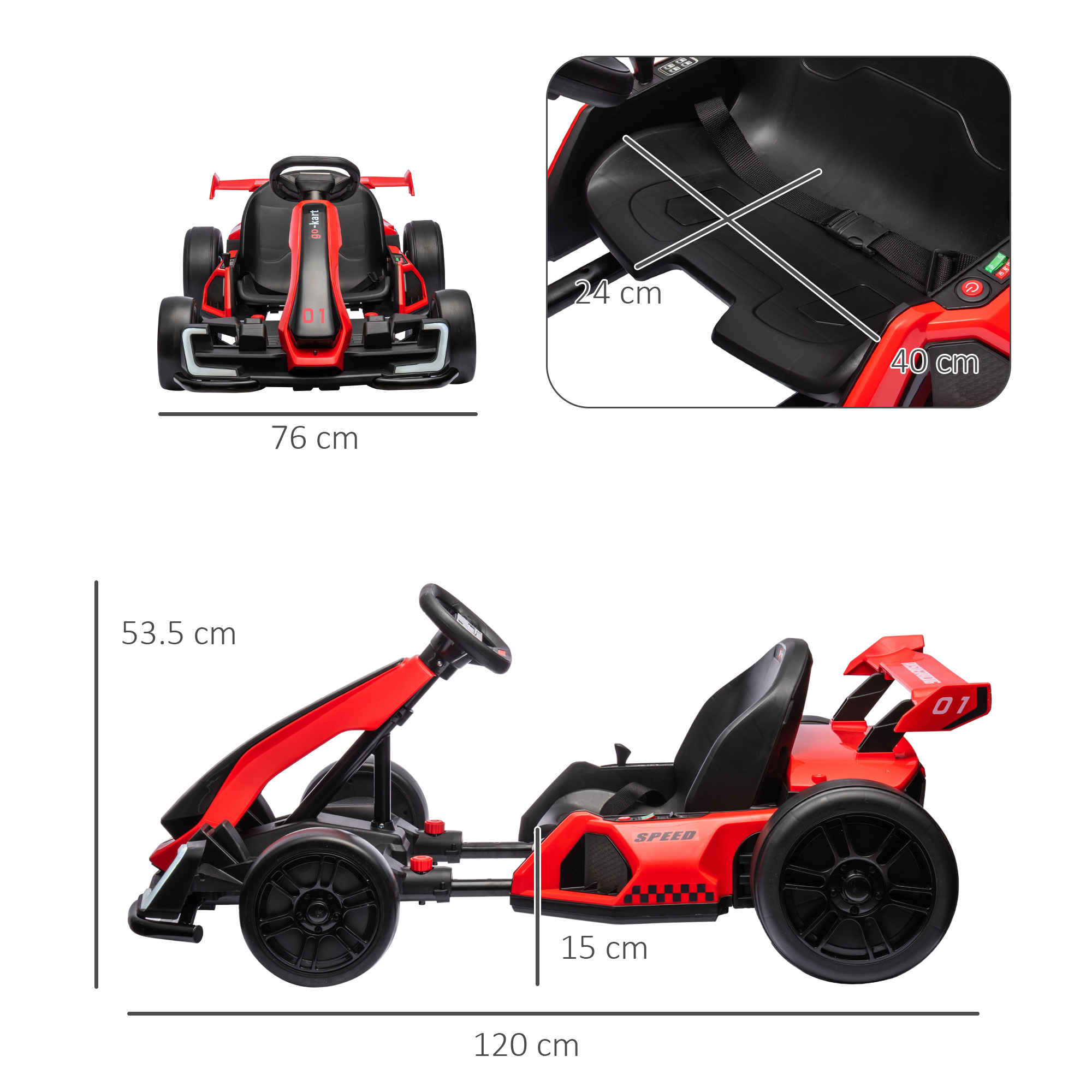 Go-kart giocattolo rosso con dimensioni. Mostra vista laterale e dall'alto. Ruote e sedile neri.