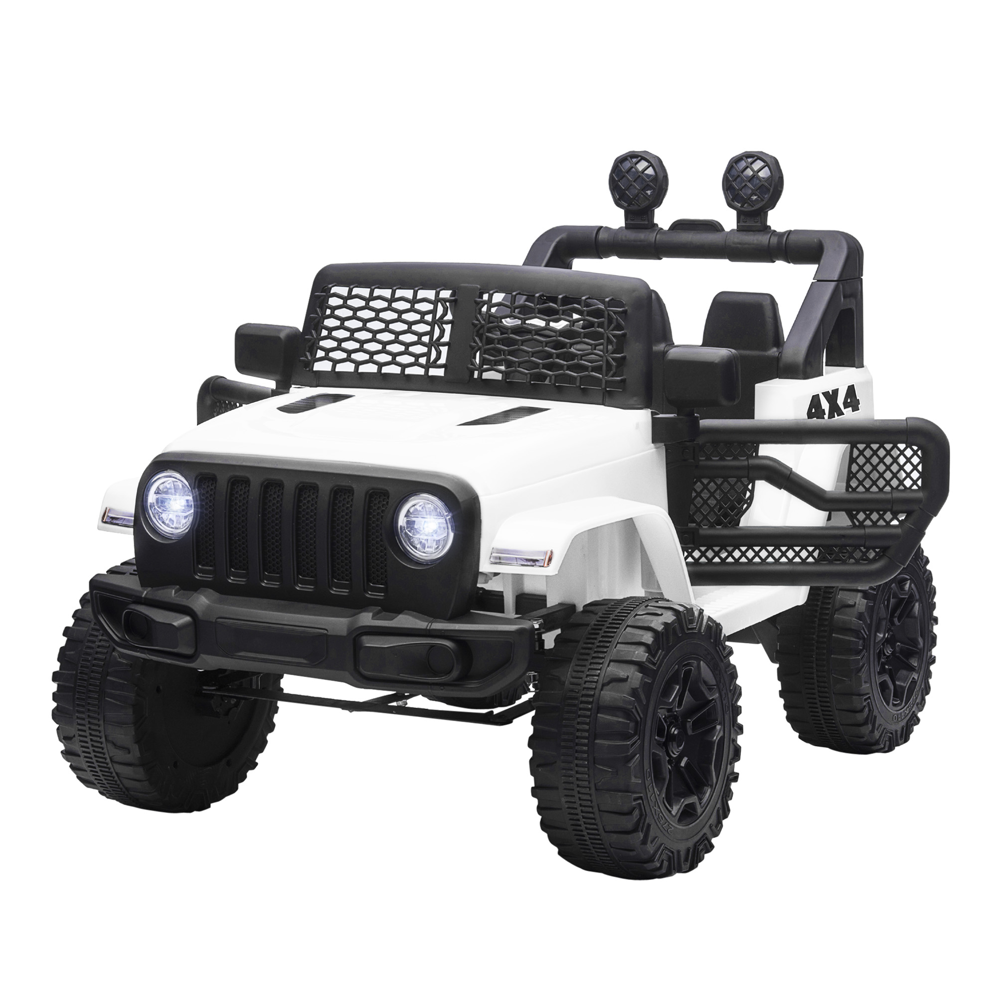 Jeep giocattolo bianco e nero con dettagli e ruote nere. Marchio 4x4 e fari.